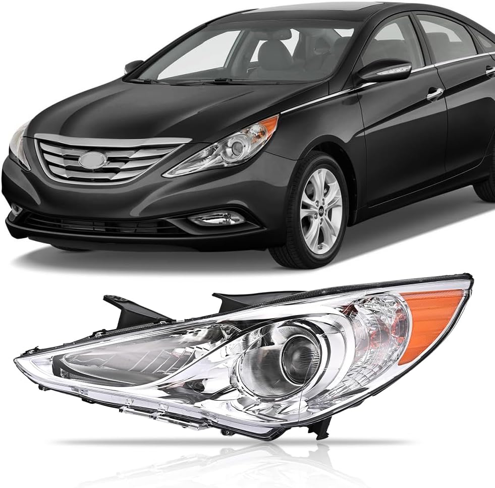 Headlights Assembly for 2011-2014 Hyundai Sonata(Not for Hybrid), Passenger & Driver Side Halogen Headlamp with Bulbs Clear Lens Black Housing Amber Reflector, 1 Pair, OEM# 92101-3Q000