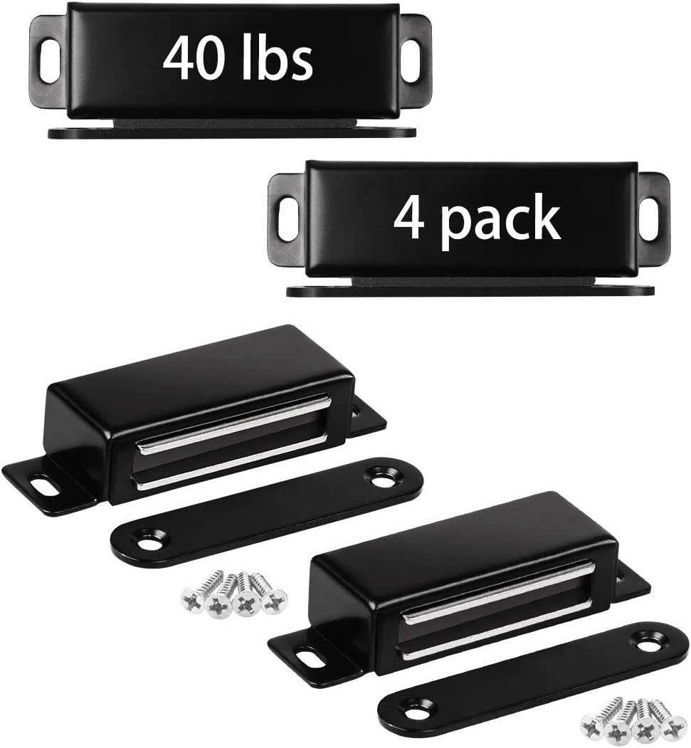 Onarway Magnetic Door Catch 40lbs 4 Pack Pull Strong Magnet Cabinet Latches Magnetic Hardware Stainless Steel Door Closer for Bathroom Kitchen Sliding Door Window Cupboard Black
