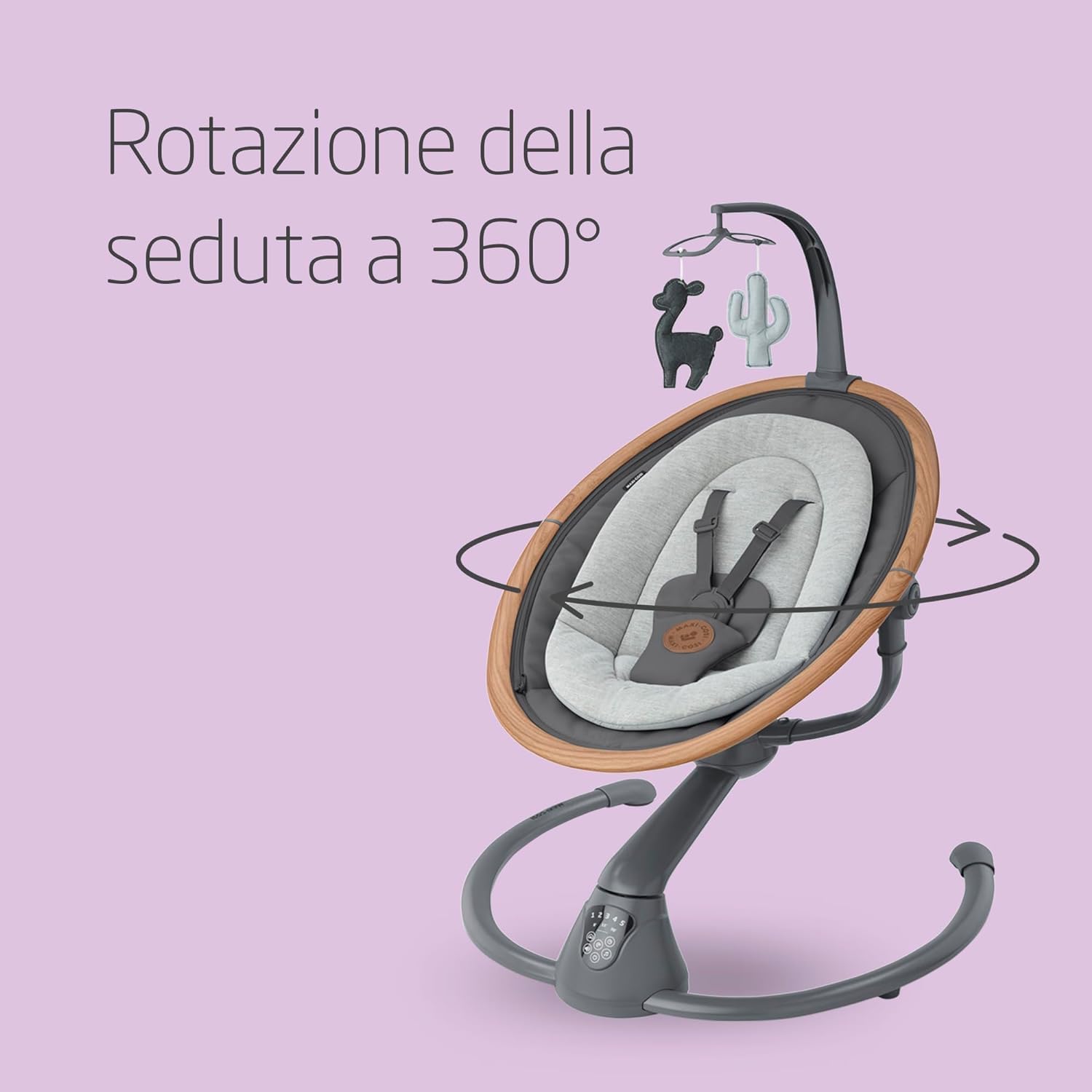 Maxi-Cosi Cassia Sdraietta Neonati Elettrica per Bambini, 0-6 mesi, max 9 kg, Altalena Neonato Girevole 360°, Reclinabile, Rilevamento Automatico Movimento, 5 Velocità, 12 Melodie, Essential Graphite