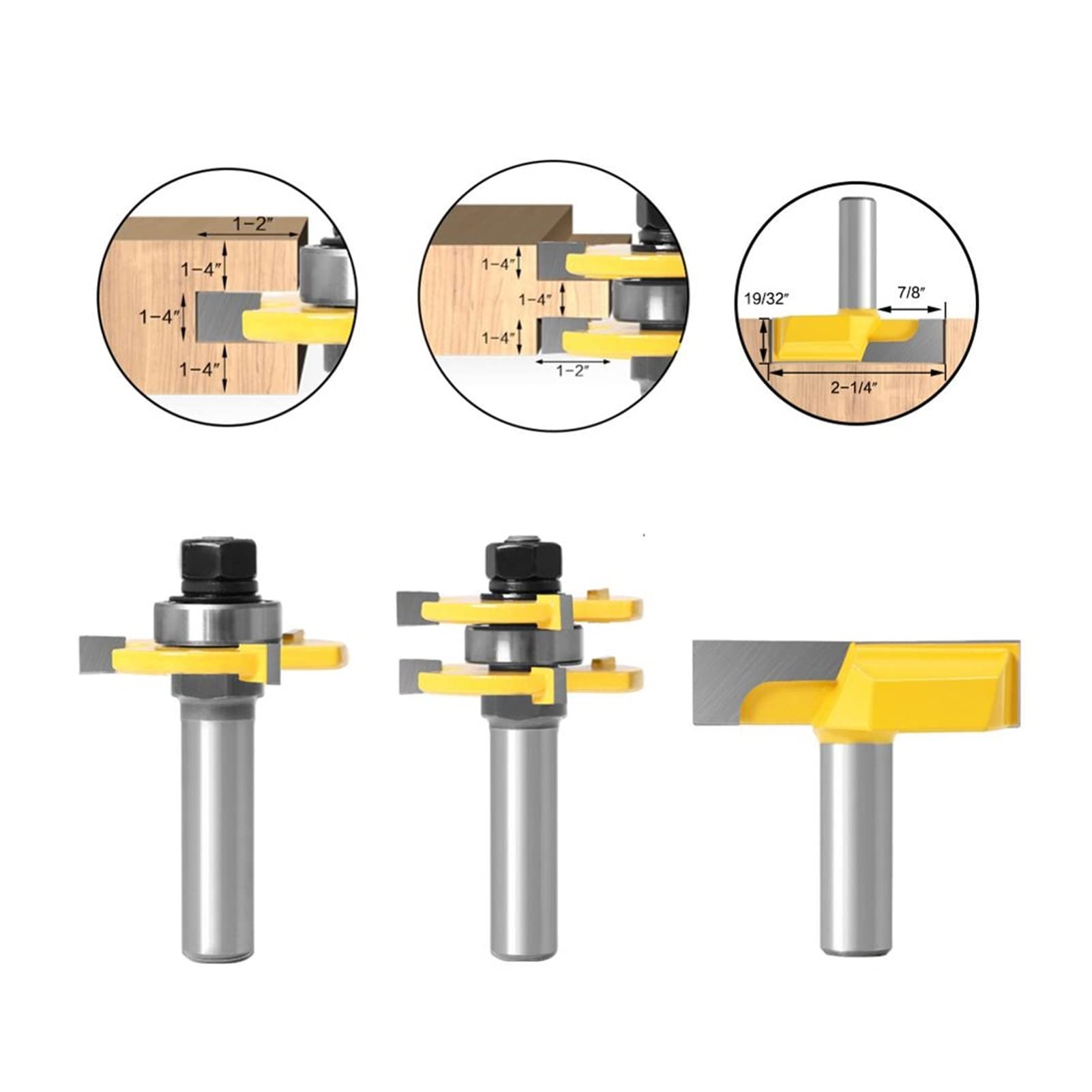 Cutter di fresatura Superficiale 3 Pezzi di 12 mm da 12 mm 1/2 Pollice Gambo Gambo Pezzo Groove Assembly Router Bit 3/4 "Stock T-Slot Tenon Fresatura taglierina Lavorazione del Legno