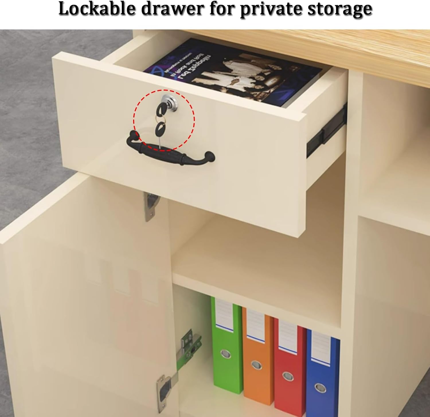 YVYKFZD Reception Desk, Front Desk Reception with LED Lights and Lockable Drawers, Wooden Reception Counter Desk, Retail Counter Table for Shops and Businesses(Almond L,31.4"x19.6"x41.3")