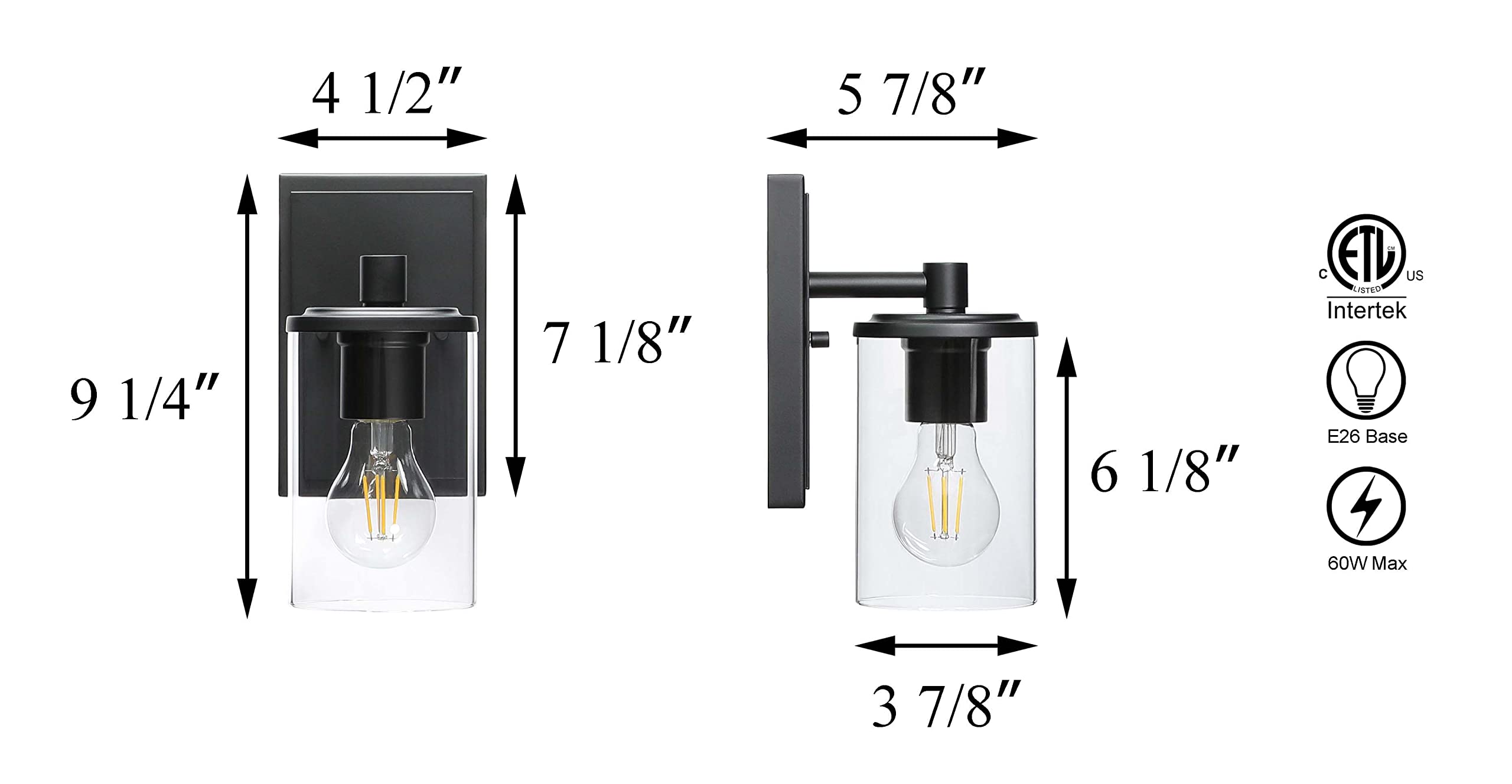 XiNBEi Lighting Aplique de pared, 1 luz, luz de tocador para baño con vidrio, apliques negros modernos para interiores, iluminación de pared XB-W1240-1-MB