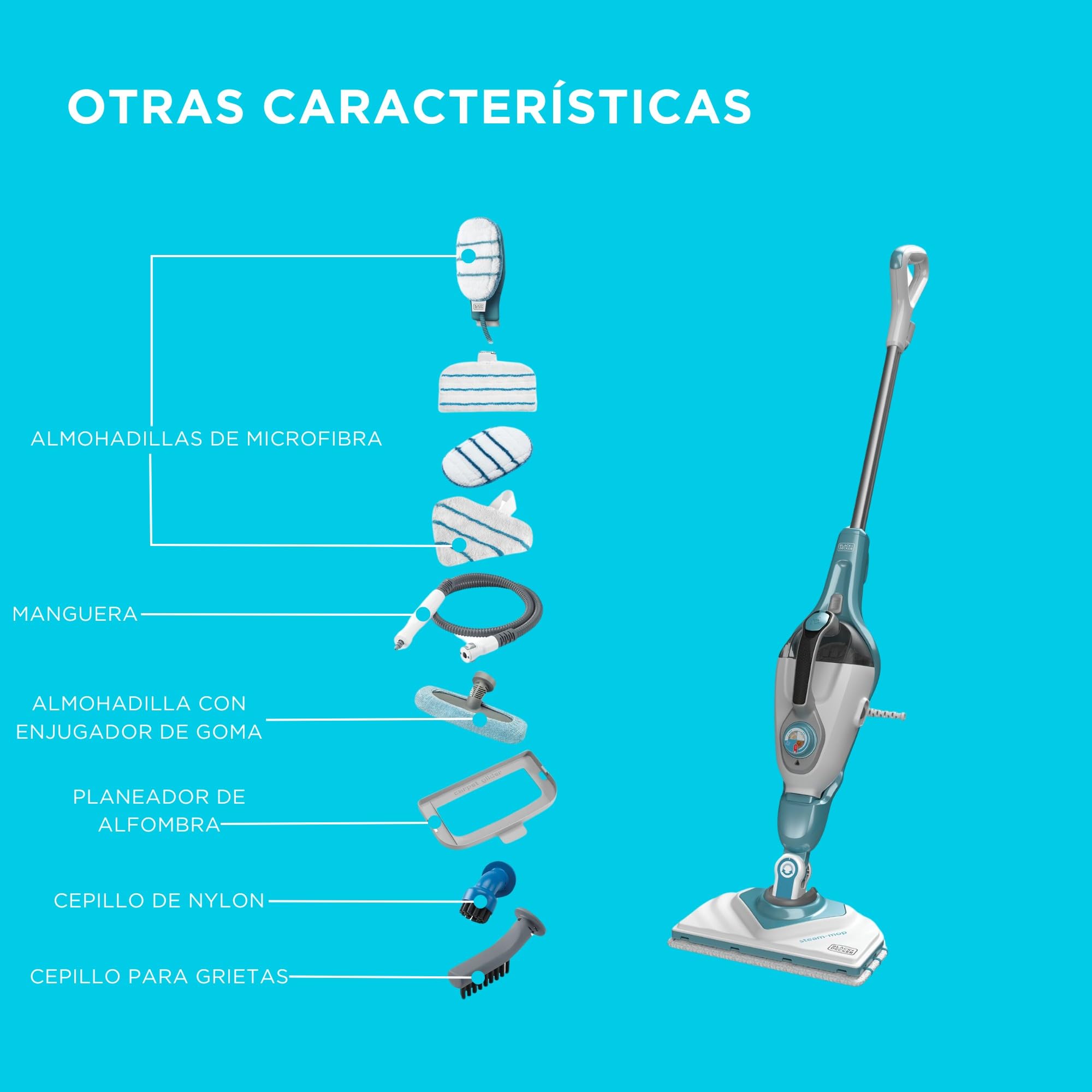 BLACK+DECKER Fregona de vapor 2 en 1 con guante limpiador de mano SteaMitt y 11 accesorios, BHSM166DSM-QS