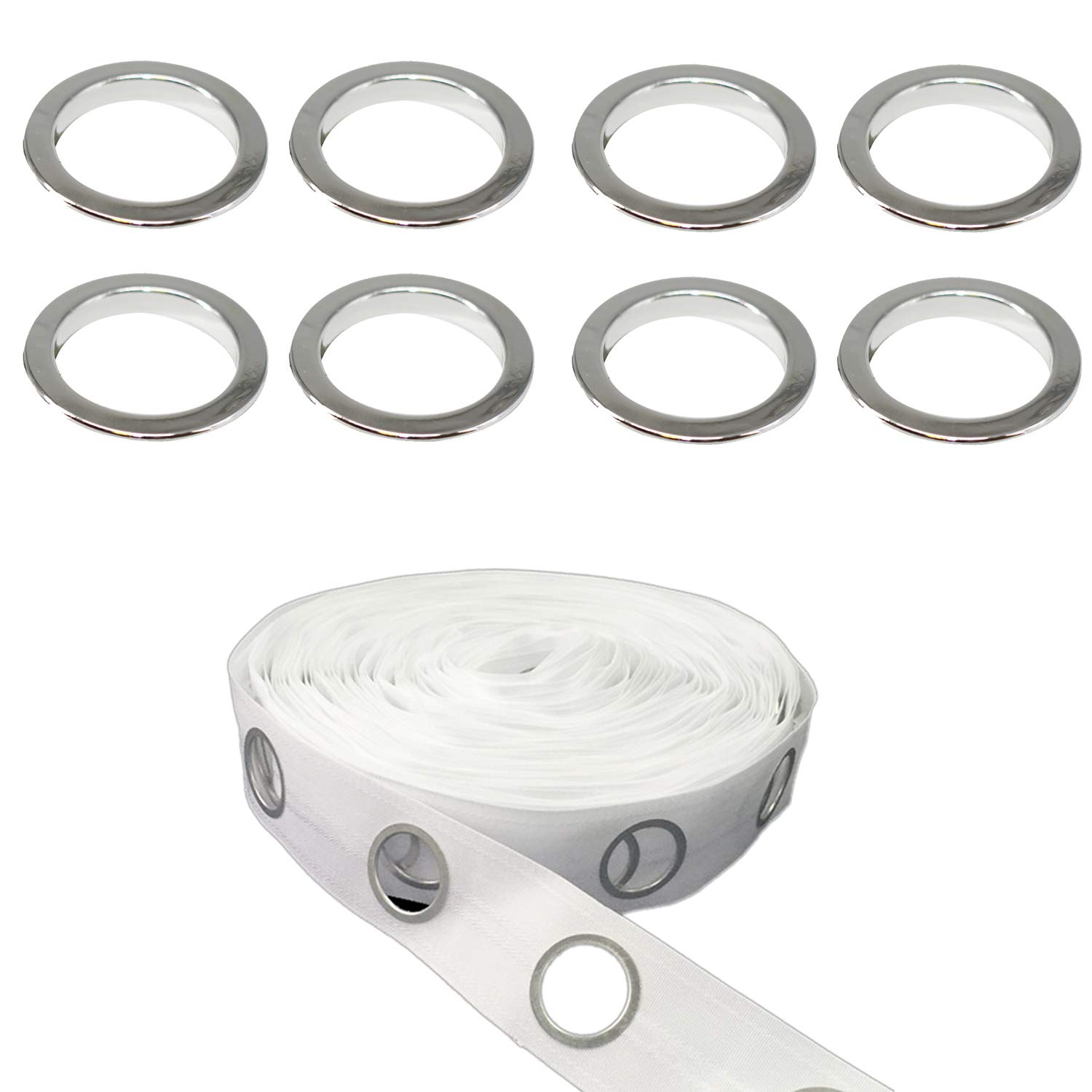 Trimming Shop 40mm Plastic Curtain Eyelets with 10 Metres Grommet Heading Curtain Tape for Window, Door, Room Curtains, DIY Drapery Supplies (Silver, 80pcs)