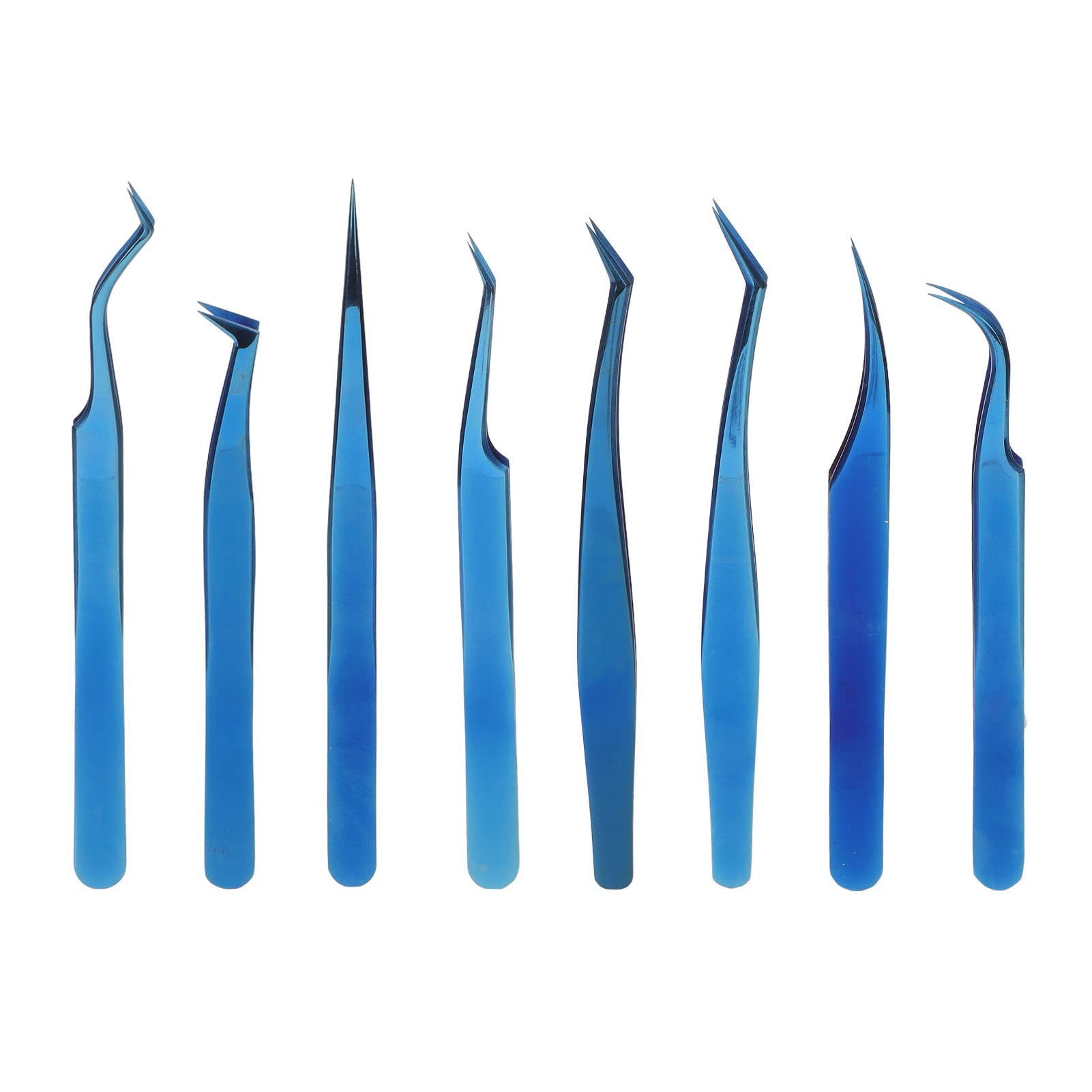 Juego de pinzas de extensión de pestañas, acero inoxidable profesional, titanio azul, 8 piezas, punta fina, diseño ergonómico para artistas de pestañas principiantes