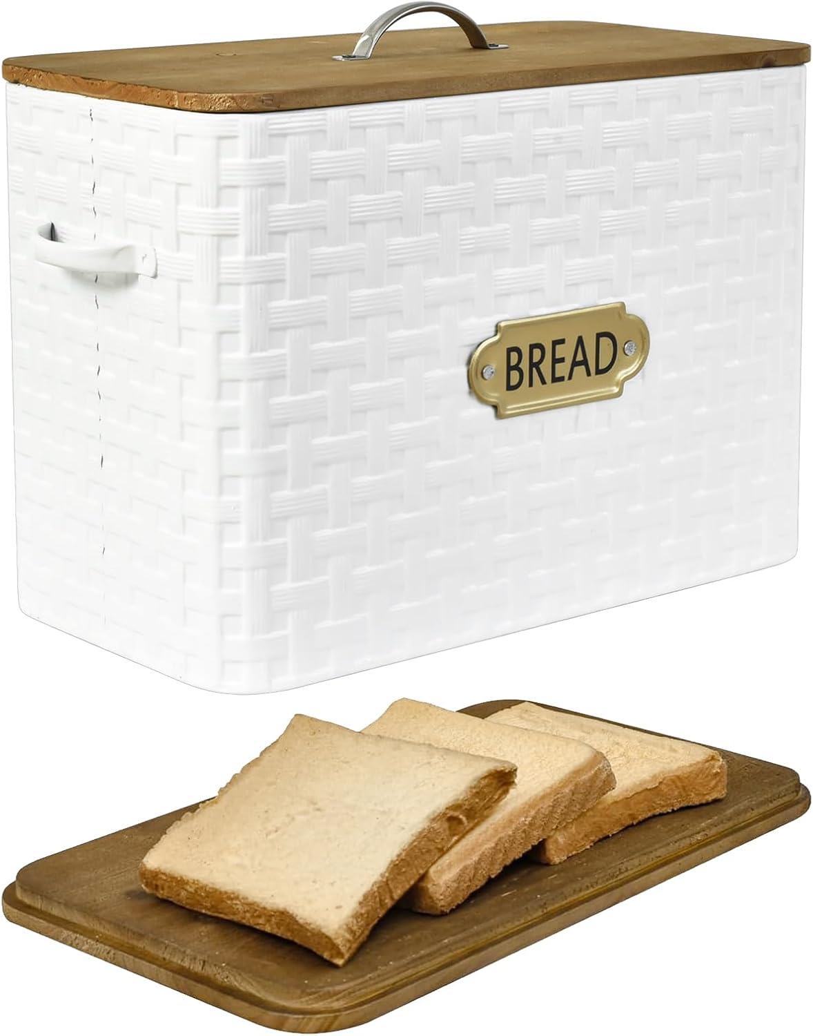 Extra Large Space Saving Farmhouse Bread Box With Wood Lid - Holds 2 Loaves - Vertical Breadbox Bread Storage Bin Holder for Kitchen Countertop, White