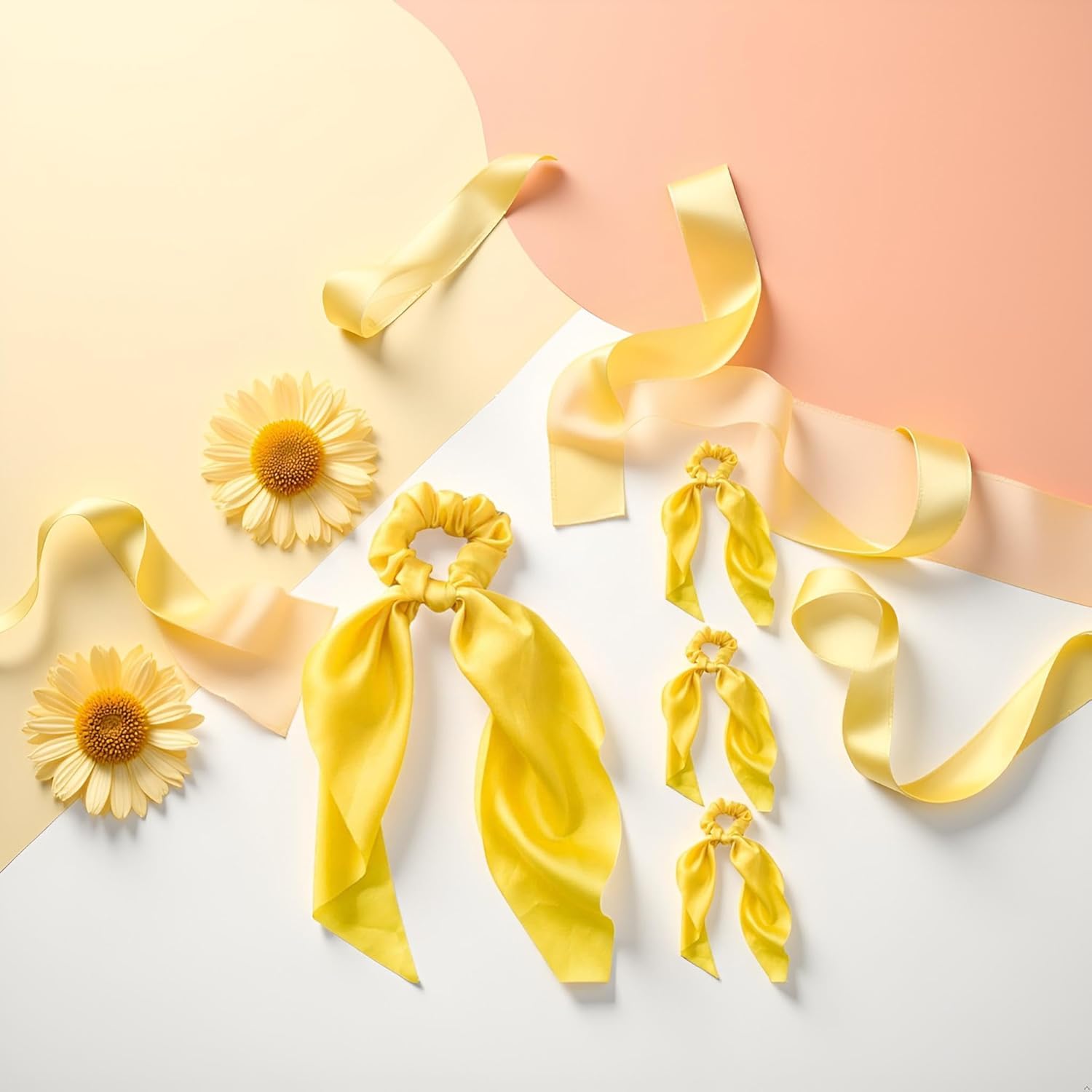 4 Pcs Yellow Women Girl Bow Satin Ribbon Ponytail Scarf Hair Tie Rope Scrunchies Elastic Band Hair Scrunchies Bands Elastics and Ties Hair Elastics Ties Hair Accessories - Image 2