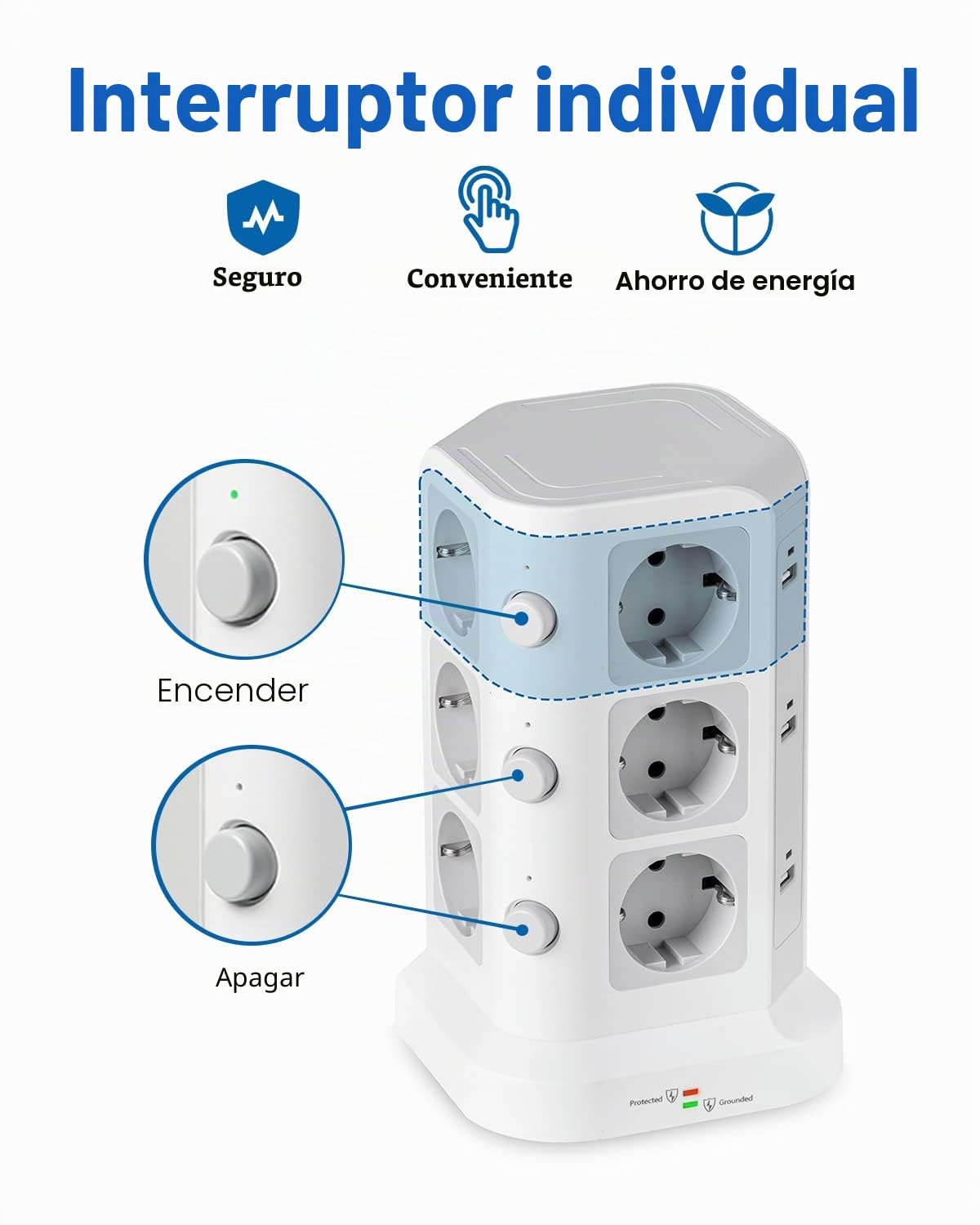 KOOSLA Regleta Vertical, 12 Enchufes, 6 USB, 5M, Blanco | 12 Enchufes, 6 USB, 4000W/16A, 3 Interruptores, Protección contra Sobretensión, Cable 5M