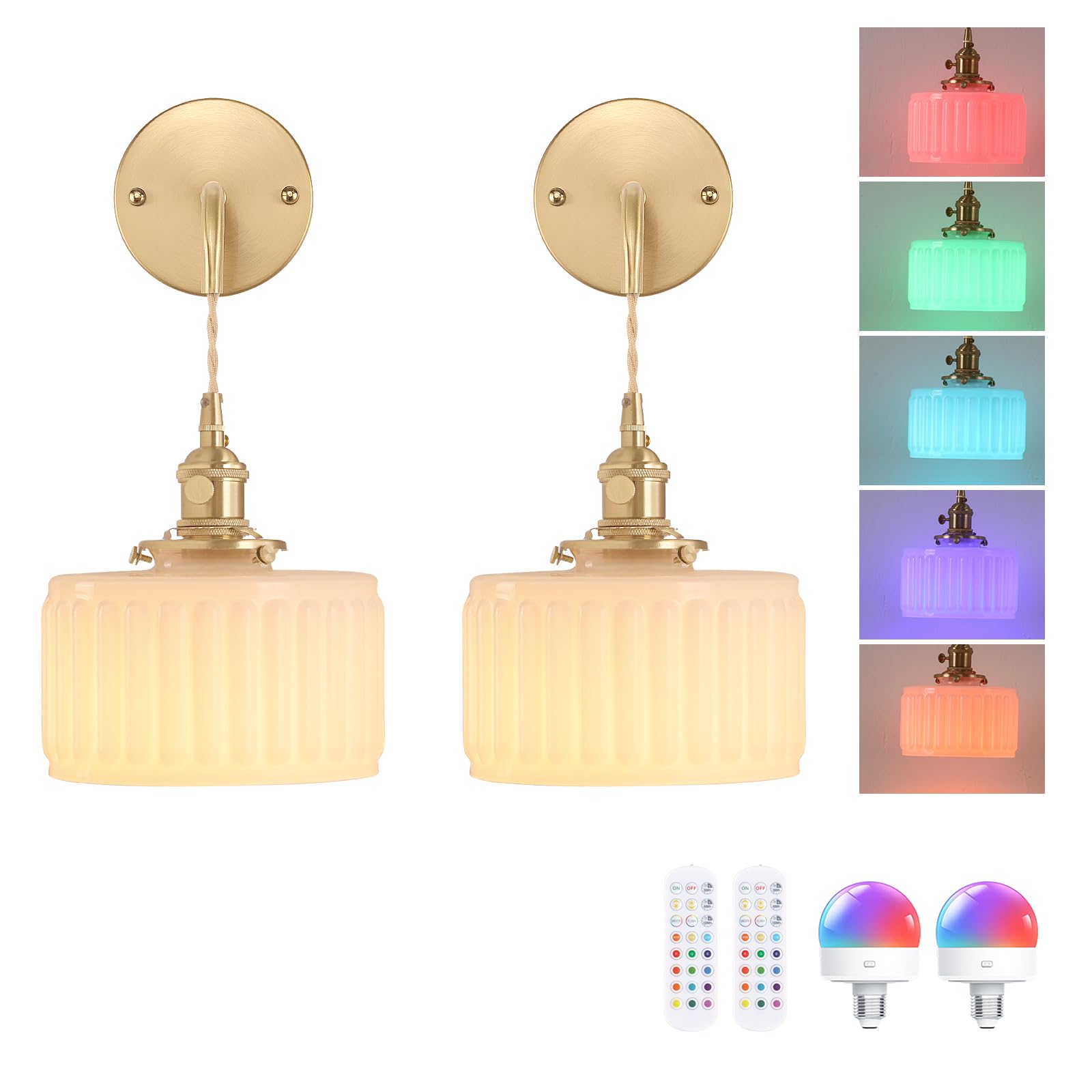 Shenmoyl Battery Operated Wall Light Set of 2, Rechargeable Wall Lamp Indoor with Adjustable Cord, Vintage Wall Sconce Decor for Bedside Living Room Bedroom Bathroom, Z-Striped White