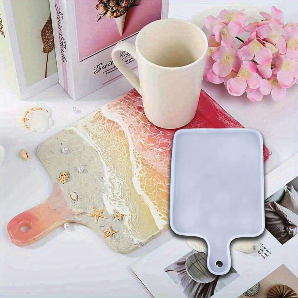 Resin Tray Mold Rectangular Flexible Silicone Large Handle for Epoxy Resin Casting Cutting Board and Serving Tray Creation, White