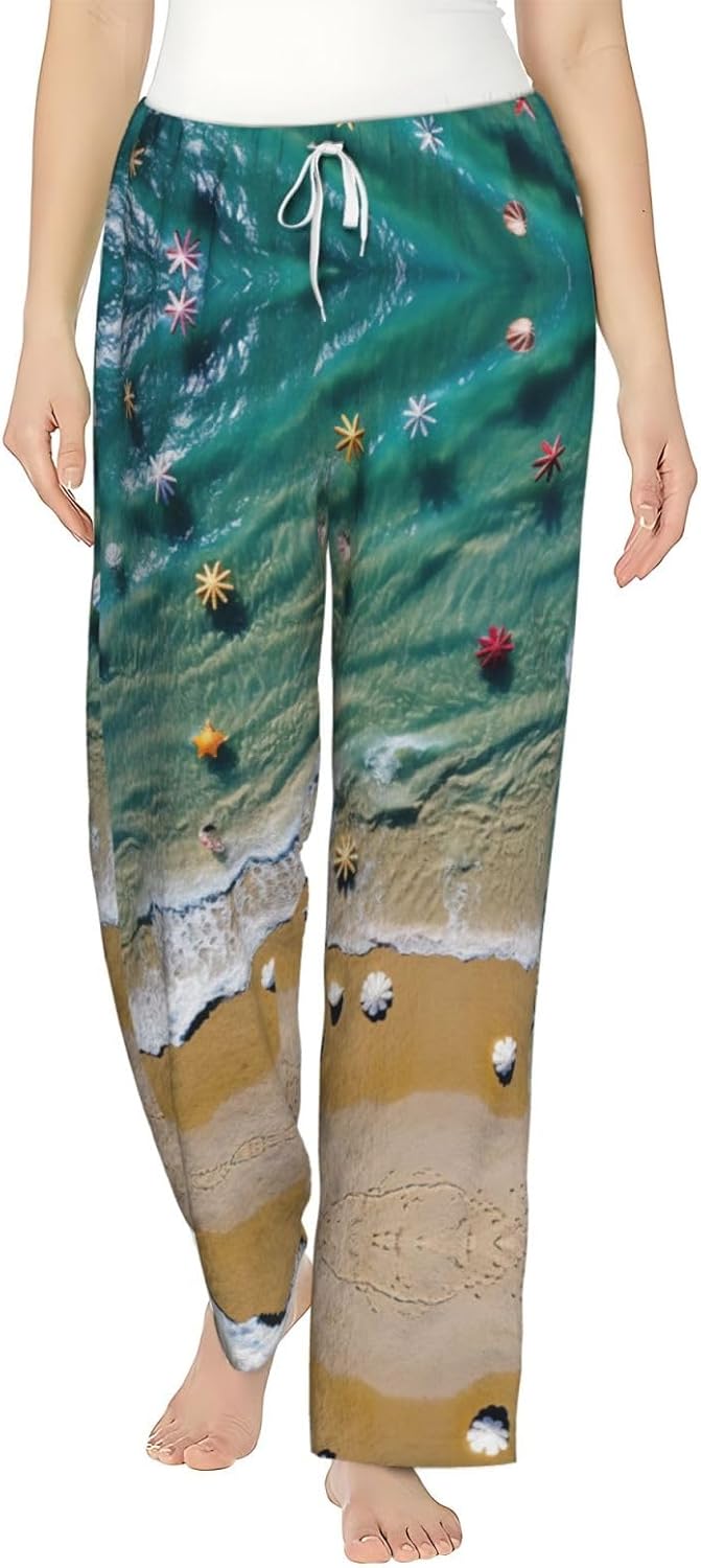 Seashell Landscape On The Beach Print Cozy Christmas Pajama Pants,Flannel Pajama Bottoms,Cater To Various Body Types