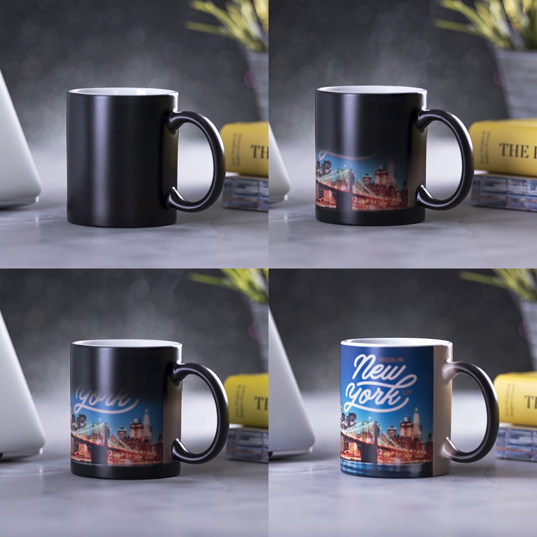Lote 36 Tazas Mágicas Cerámicas Sublimación 350 ml, Negro Mate, Cajas Individuales, Tazas al mayor, Al verter líquido caliente, la superficie negra se transforma revelando la imagen o diseño impreso