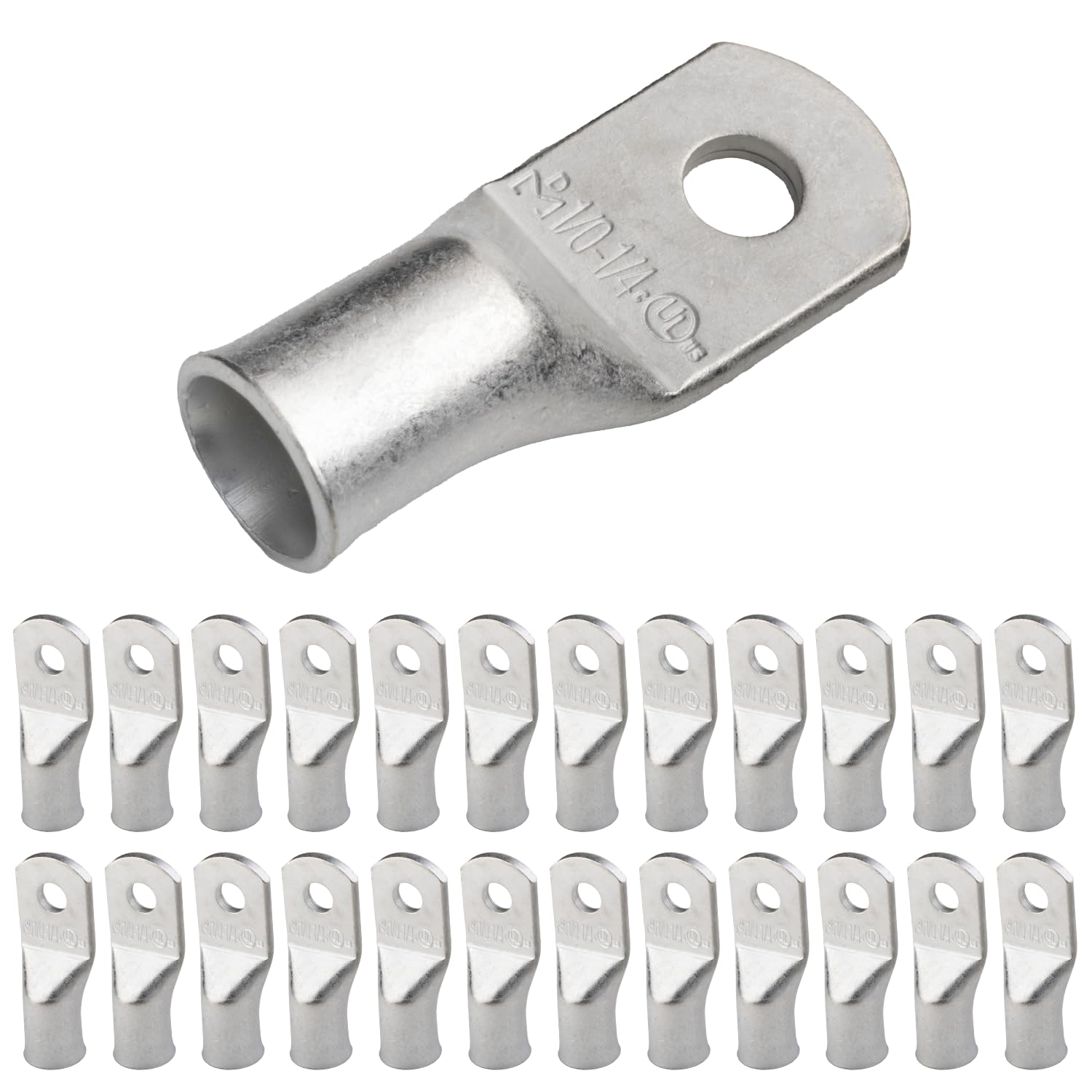 SELTERM 1/0 AWG (50 mm²) - 1/4" (M6) ⌀ Hole UL Marine Grade Wire Lugs, Battery Cable Ends, Tinned Copper Eyelets, Tubular Ring Terminal Connectors [B64] - 25 Pack