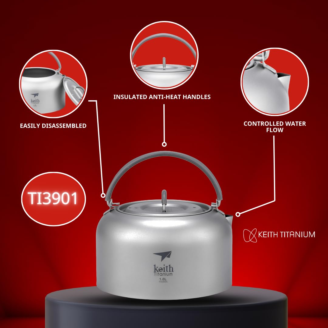 Keith Titanium Wasserkocher - Premium Leichter Campingwasserkocher zum Kochen von Wasser, Tee und Kaffee - Robuster, hitzebeständiger tragbarer Wasserkocher mit intelligenter Ausgussöffnung (1L)