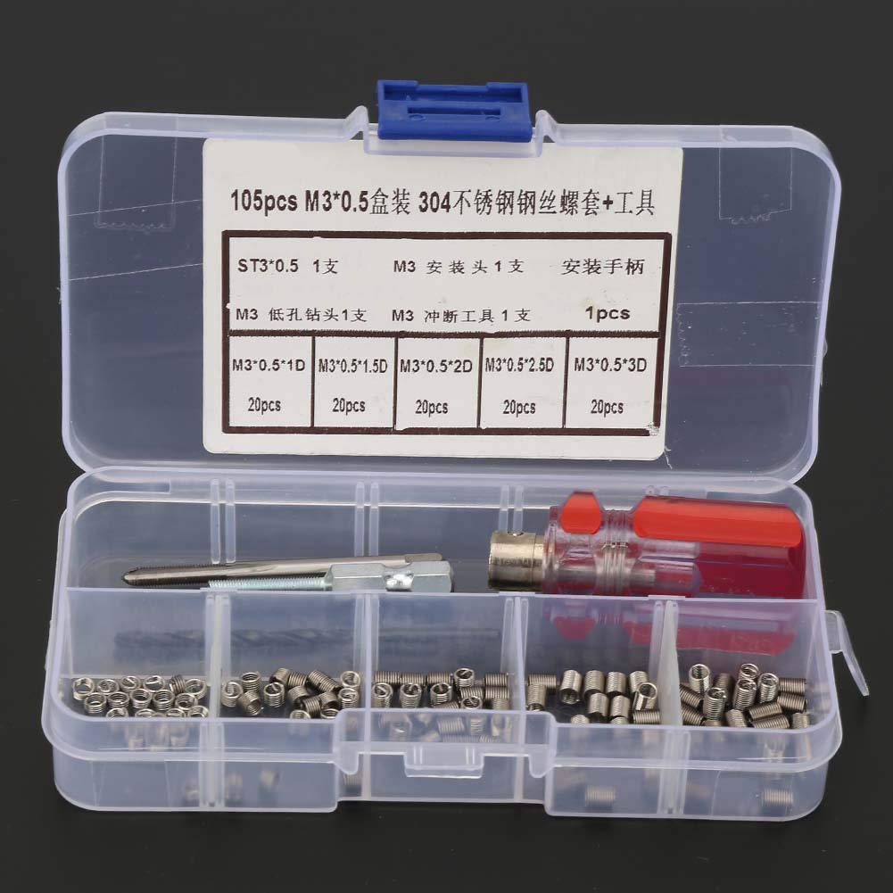105 Pièces Ensemble en Acier Inoxydable M3, Filet M3 Fil Vis Manchon Filetage Réparation Insert Kit Ensemble D'outils (Boîte M3*0.5)