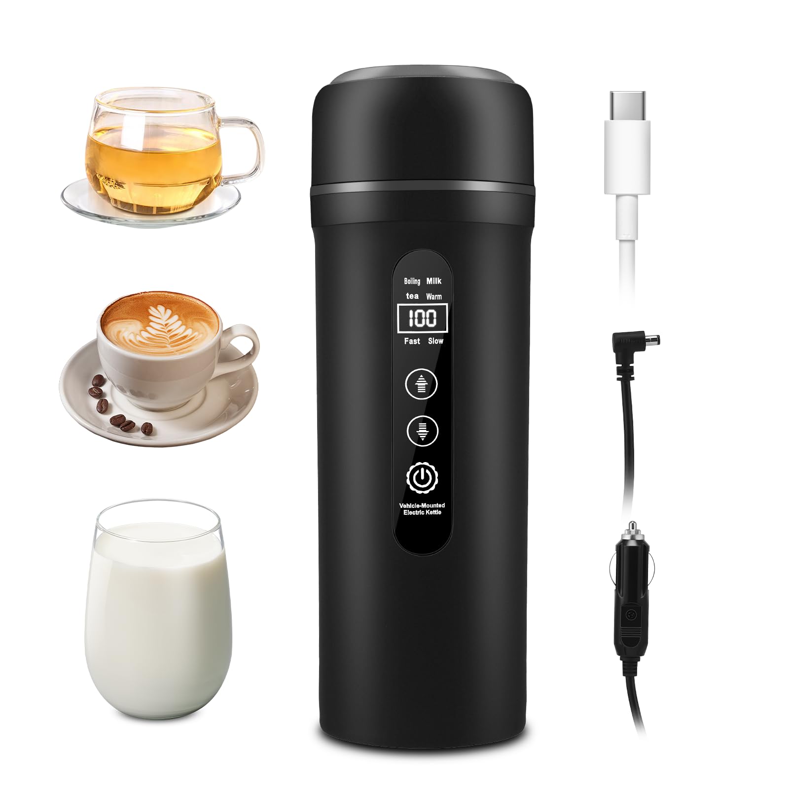 Hervidor eléctrico para coche de 12V/24V, pequeño hervidor de agua eléctrico para viajes, hervidor de agua portátil de 500ml para preparar café y té, pantalla LCD, taza calefactora para auto(Black)