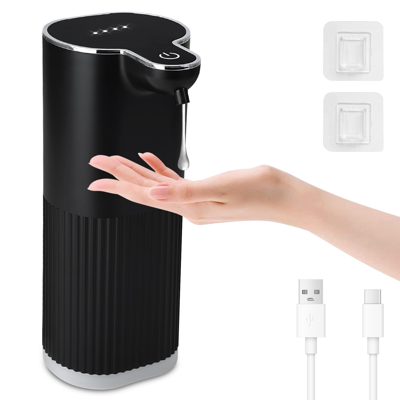 Cuteefun Dispensador Jabon Baño Automatico, 350ml Recargable Dosificador Jabon Cocina, Sin Contacto, 4 Niveles Ajustables, Impermeable IPX5, Montaje en Pared, Dispensador Champu y Gel Ducha, Negro