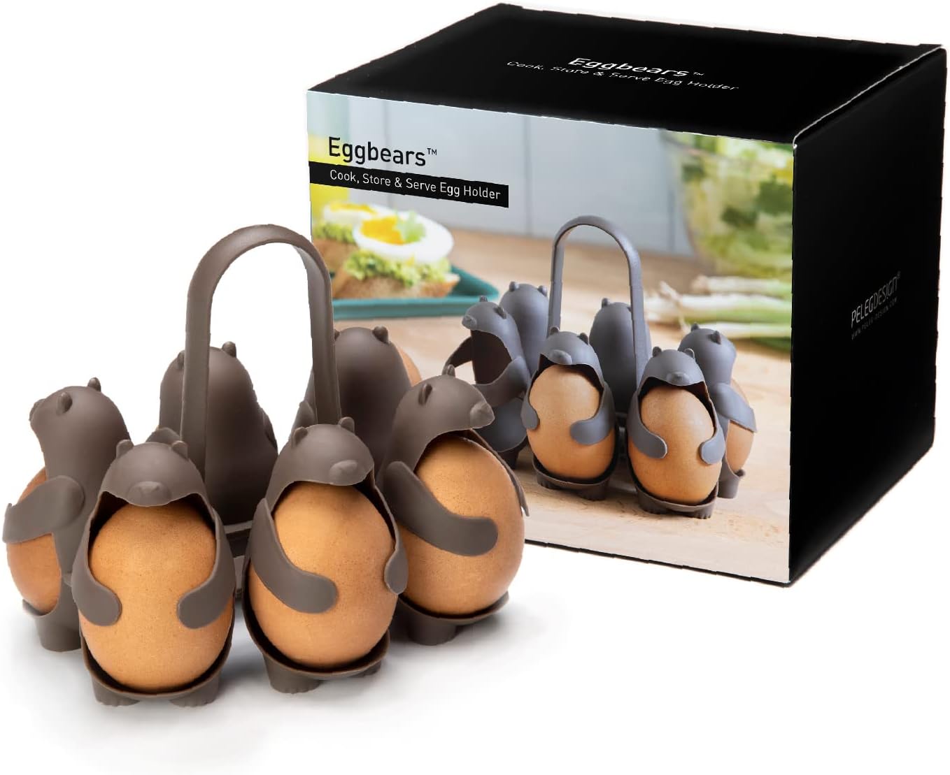 PELEG DESIGN Eggbears 3-in-1 Cook, Store and Serve Egg Holder, Bear-Shaped Boiled Egg Cooker, Holds 6 Eggs, Brown, Plastic, 14.5x11x11.99 cm, Modern, Kitchen Storage, Gifting