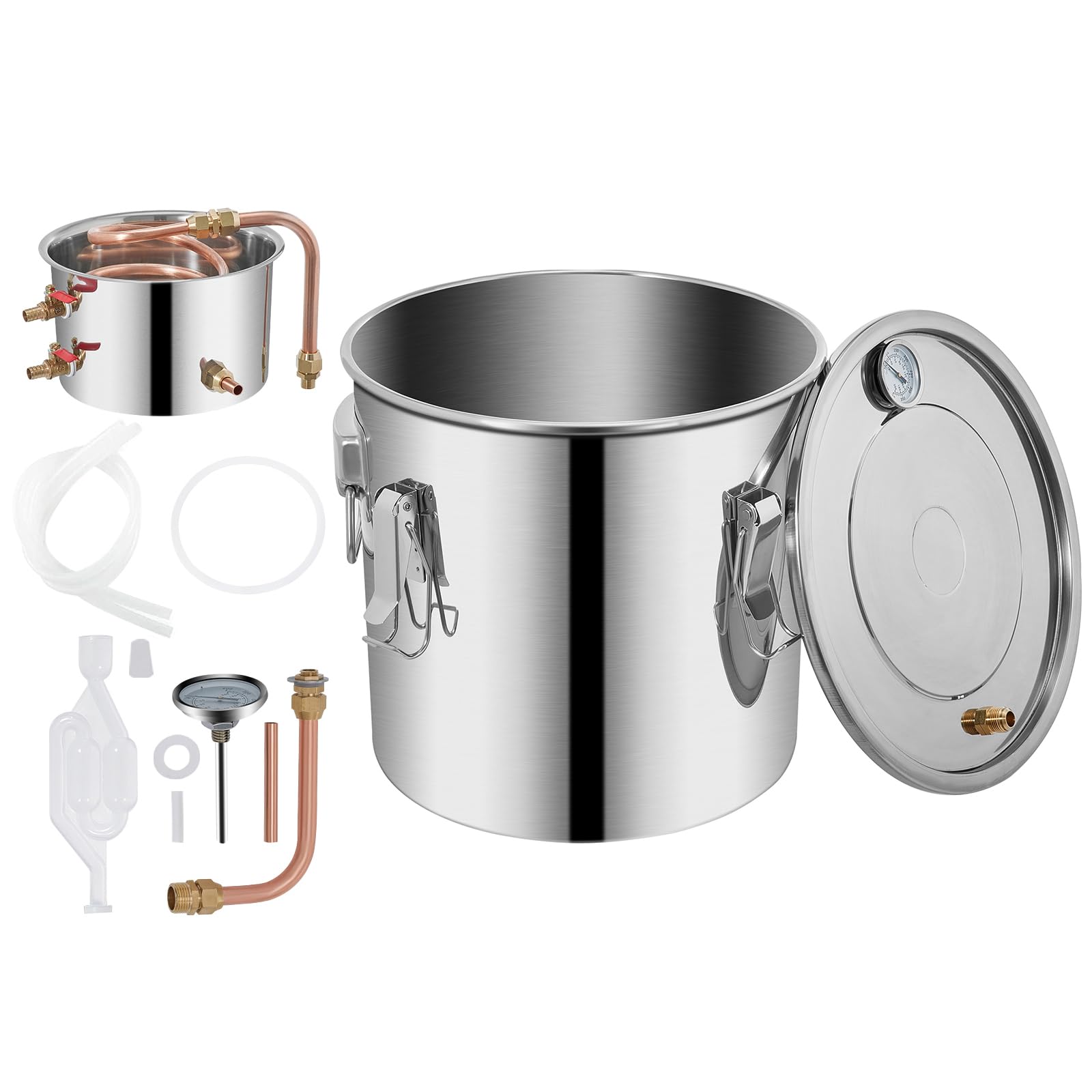 Happybuy 3Gal/12L Stainless Steel Alcohol Still Distiller with Copper Tube & Built-in Thermometer for Home Brewing Whisky, Wine, & Brandy - Silver
