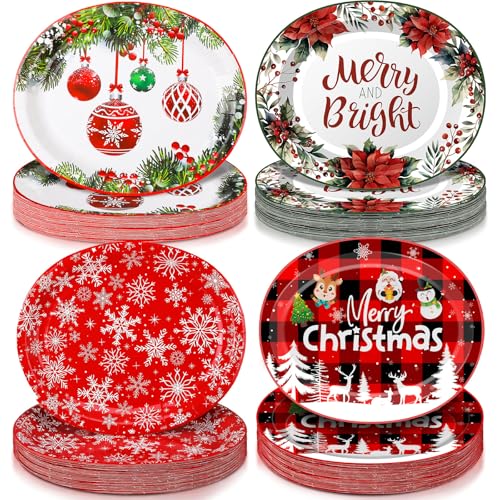 Lemosae 100 platos de papel ovalados de Navidad a granel de 10 x 12.5 pulgadas, platos grandes desechables para cena y fiesta, plato de servir de Navidad para suministros de fiesta de Navidad, vajilla