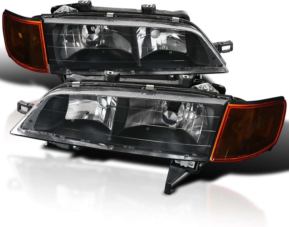 SPEC-D TUNING Black Housing Clear Lens Headlights + Amber Corner Lights Compatible with 1994-1997 Honda Accord L+R Pair Head Light Lamp Assembly
