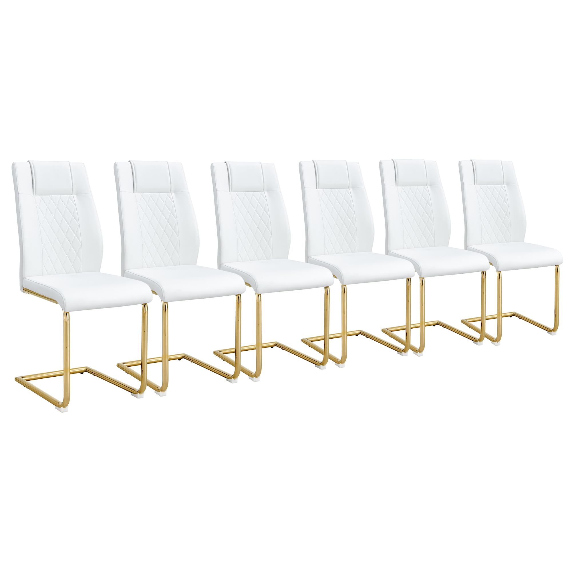 MEMUY Dining Chairs Set 6, Armless White Kitchen Chairs,Waterproof Faux Leather Dinner Chairs with Upholstered Seat,Armless Side Chairs with Golden