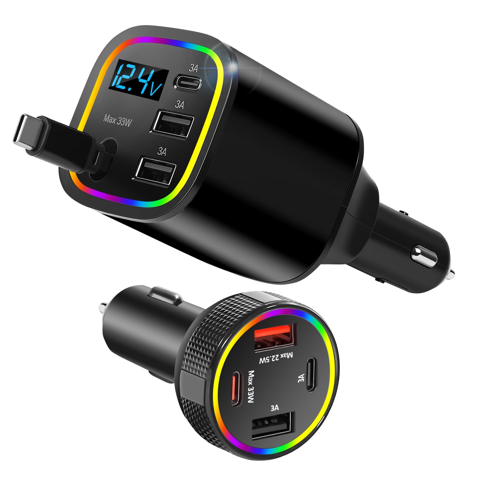 Ładowarka samochodowa USB C, 4 w 1, chowana, 78 W, szybkie ładowanie, ładowarka USB C, adapter typu C na L, do iPhone'a/Samsunga/iPada/Androida (czarna + czarna)