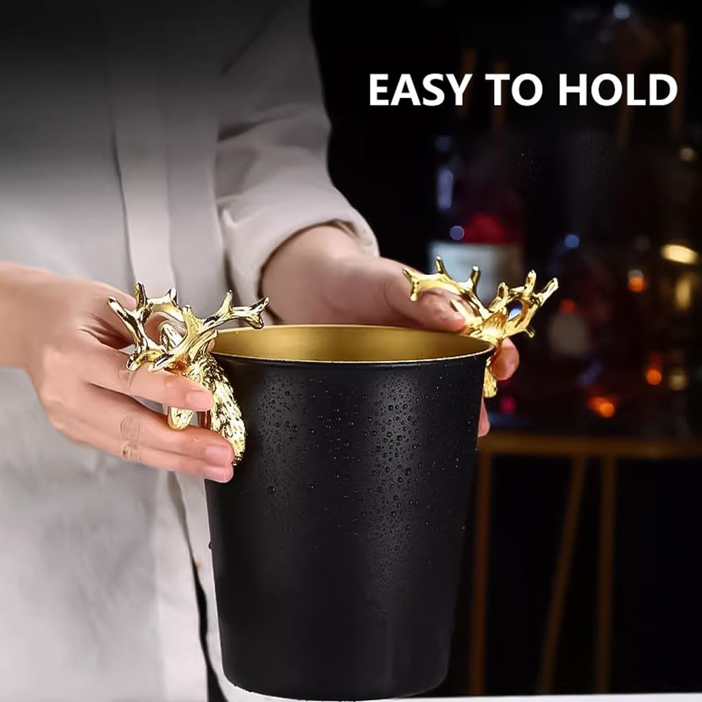 Beer Bucket - Refrigeratore isolato per spumante con manico a testa di cervo in metallo, acciaio inox, 5 litri, per cocktail, vino, bar di casa, refrigeratore per bevande per interni o esterni (oro, 5