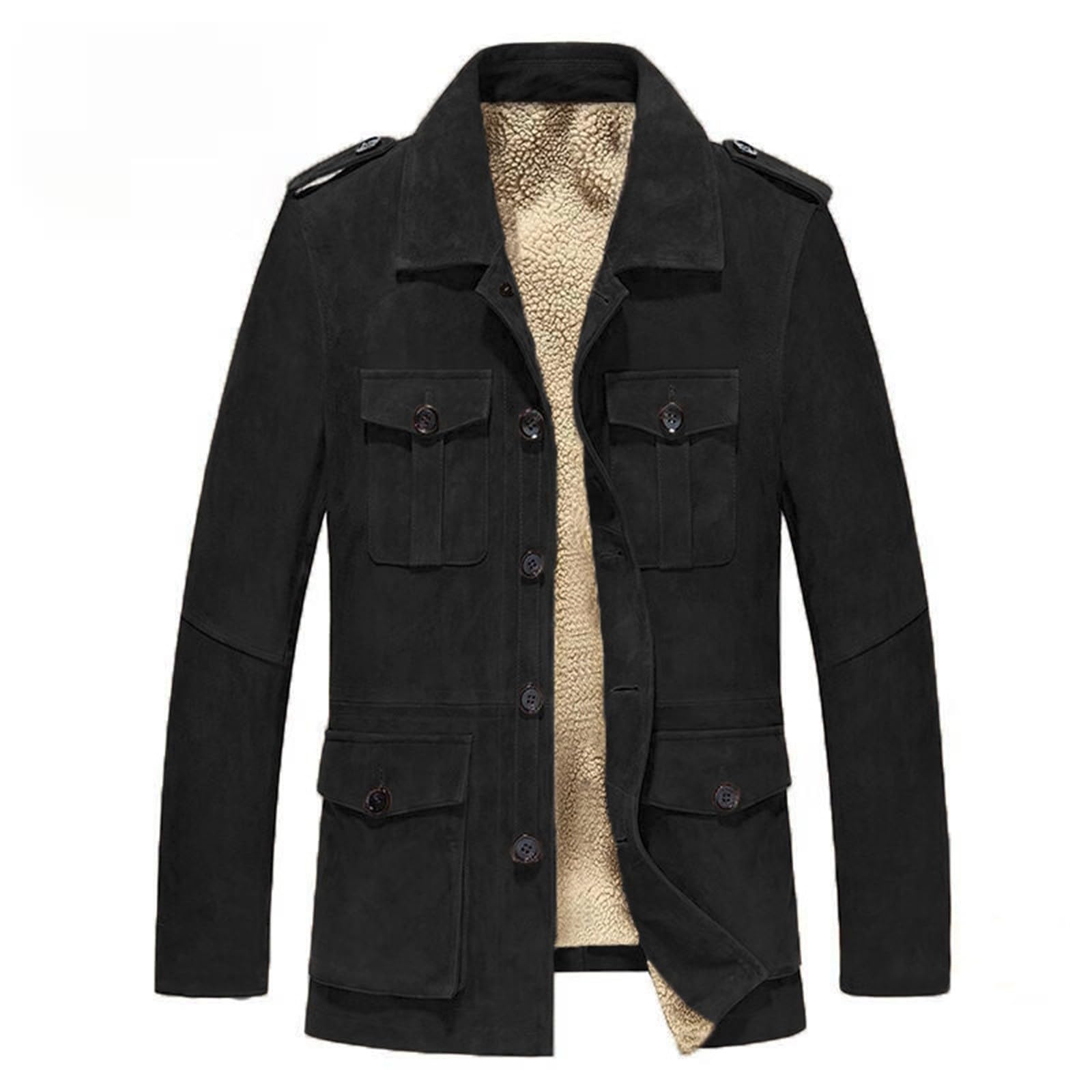 Giacca in pile da uomo, calda, in pelle scamosciata, con molte tasche e bottoni, giacca invernale spessa, foderata, tinta unita, classica, a maniche lunghe