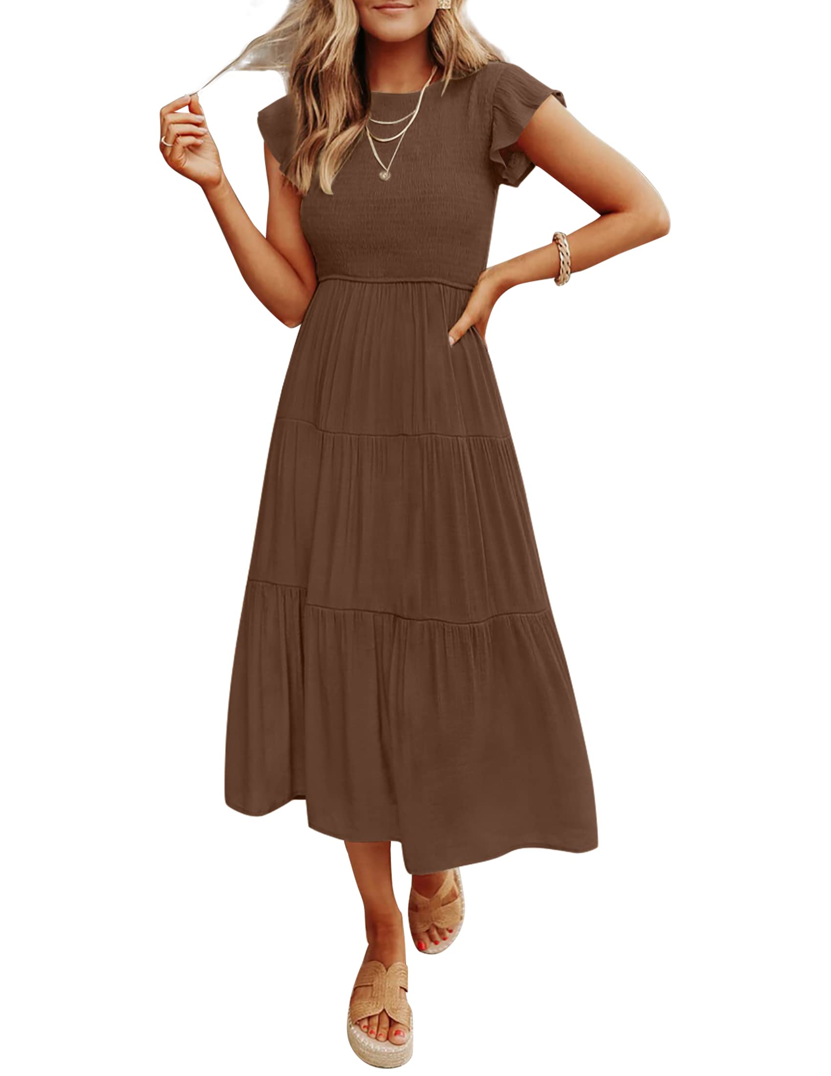 ZESICAWomen's 2025 Summer Casual Flutter Short Sleeve Crew Neck Smocked Elastic Waist Tiered Midi Dress