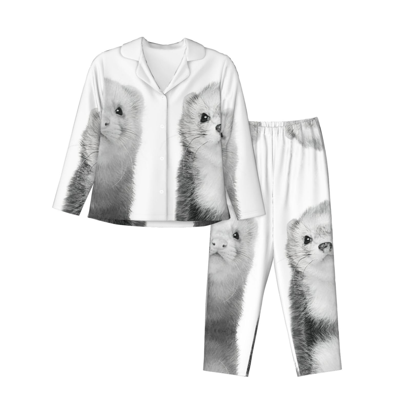 Edwal Women's Black Ferrets Print Pajama Set For Pajama Set Fashion Long-Sleeve Shirt And Full Length Bottom