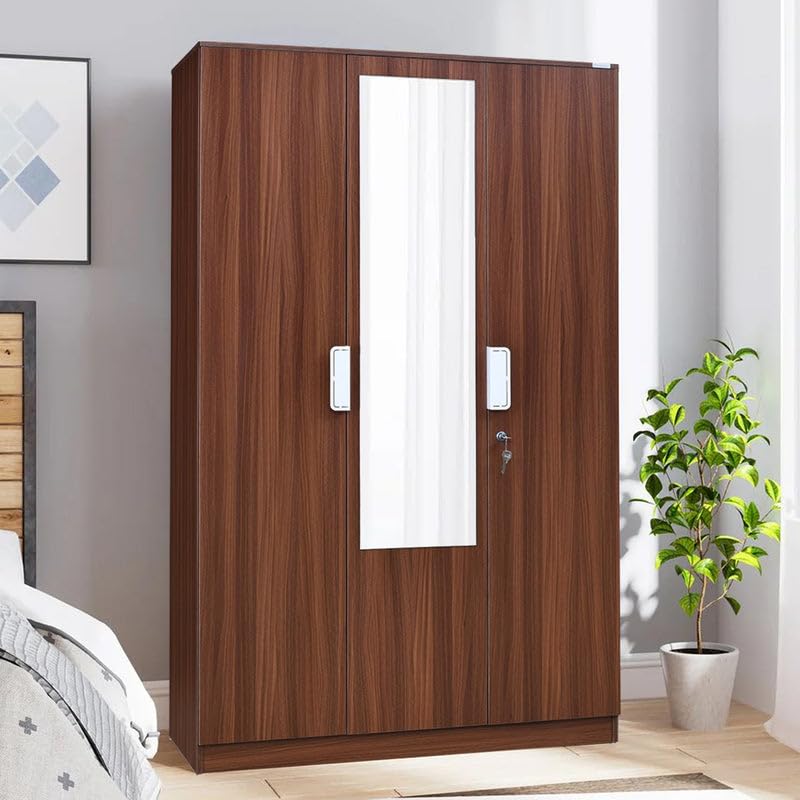 Nilkamal Joyce 3 Door Wooden Wardrobe with Mirror for Bedroom | Almirah with 8 Shelves & 1 Hanging Rod | Clothes Cupboard | Engineered Wood | Walnut