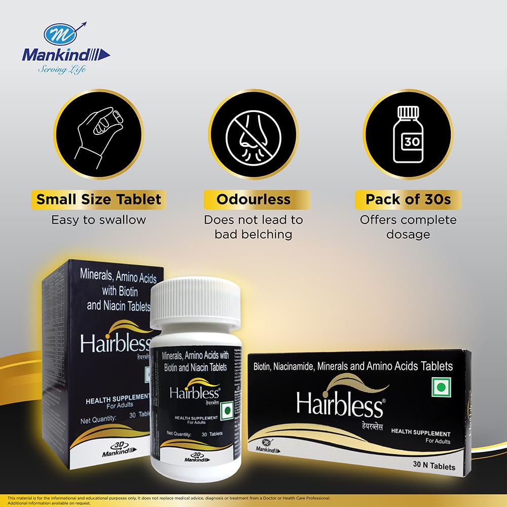 Mankind HairBless Hair Supplement | with Biotin and Niacin | Gluten Free | Amino Acid, Minerals and Vitamins | Enriched with L-Cystiene | 30 Tablets — Amazon image 7