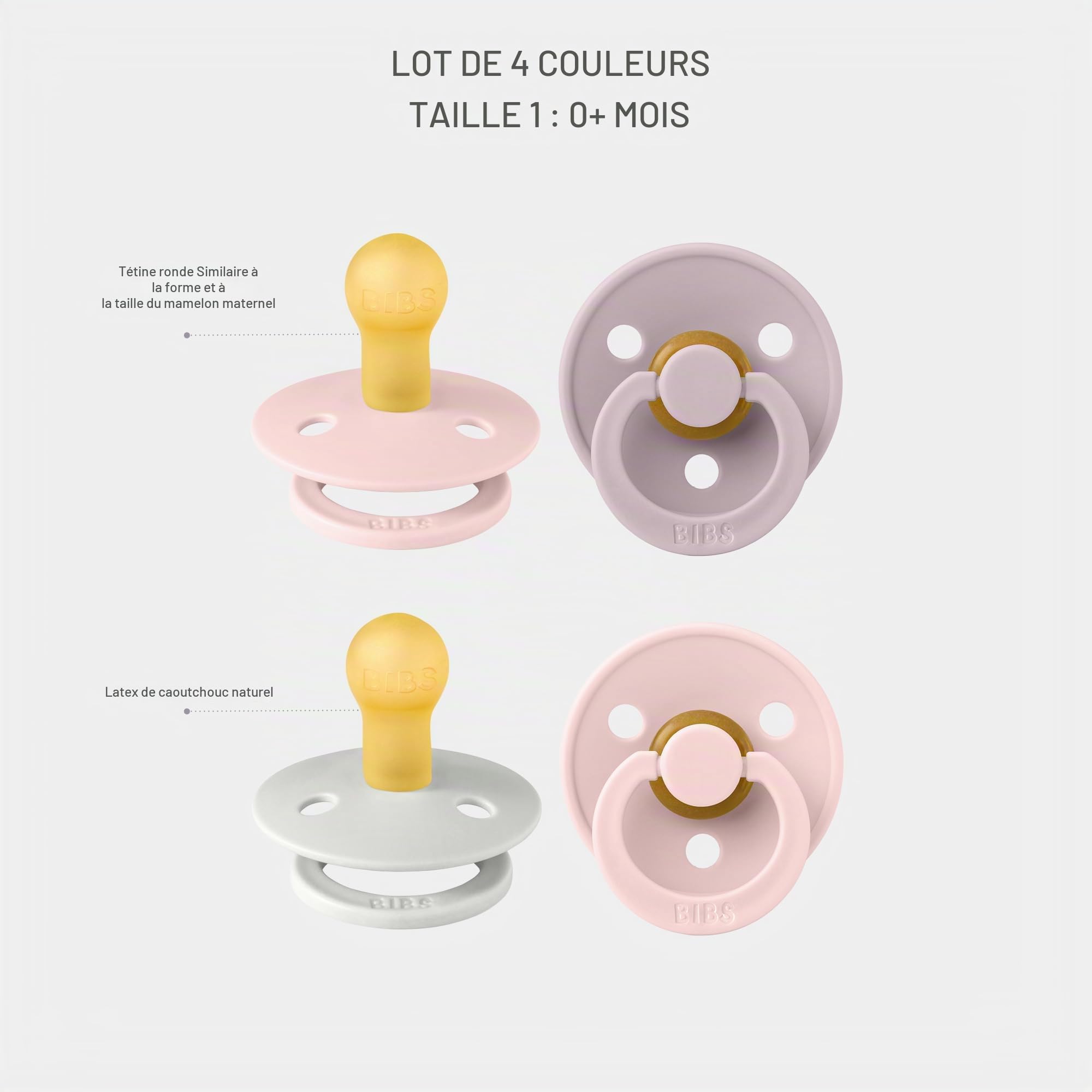 BIBS Colour Tétine, 0-6 mois, lot de 4, téterelle ronde, Haze Mix