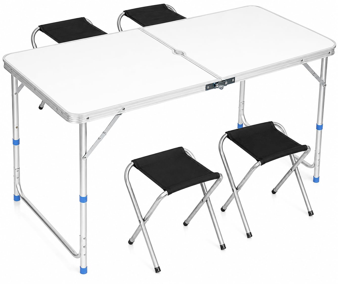 indigo® Folding Camping Table with 4 Stools – Portable Picnic Table Set, Lightweight Foldable Outdoor Dining Table for Camping, Garden, BBQ, Fishing, Beach & Festivals, Carry Handle Design (White)