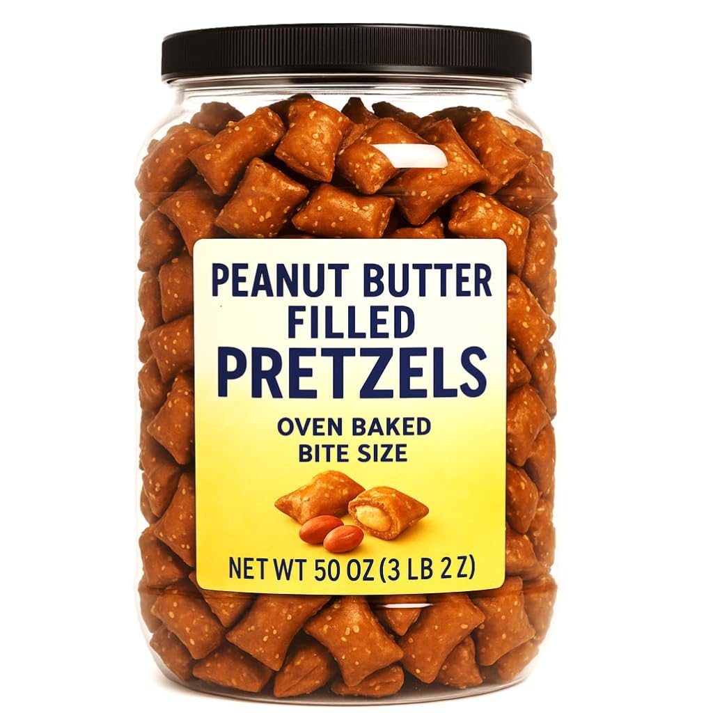 Peanut Butter Filled Pretzels, 50 oz Tub, Oven Baked Bite-Size Snack, Crunchy & Creamy, Salty and Sweet, Resealable Container (1 Pack)