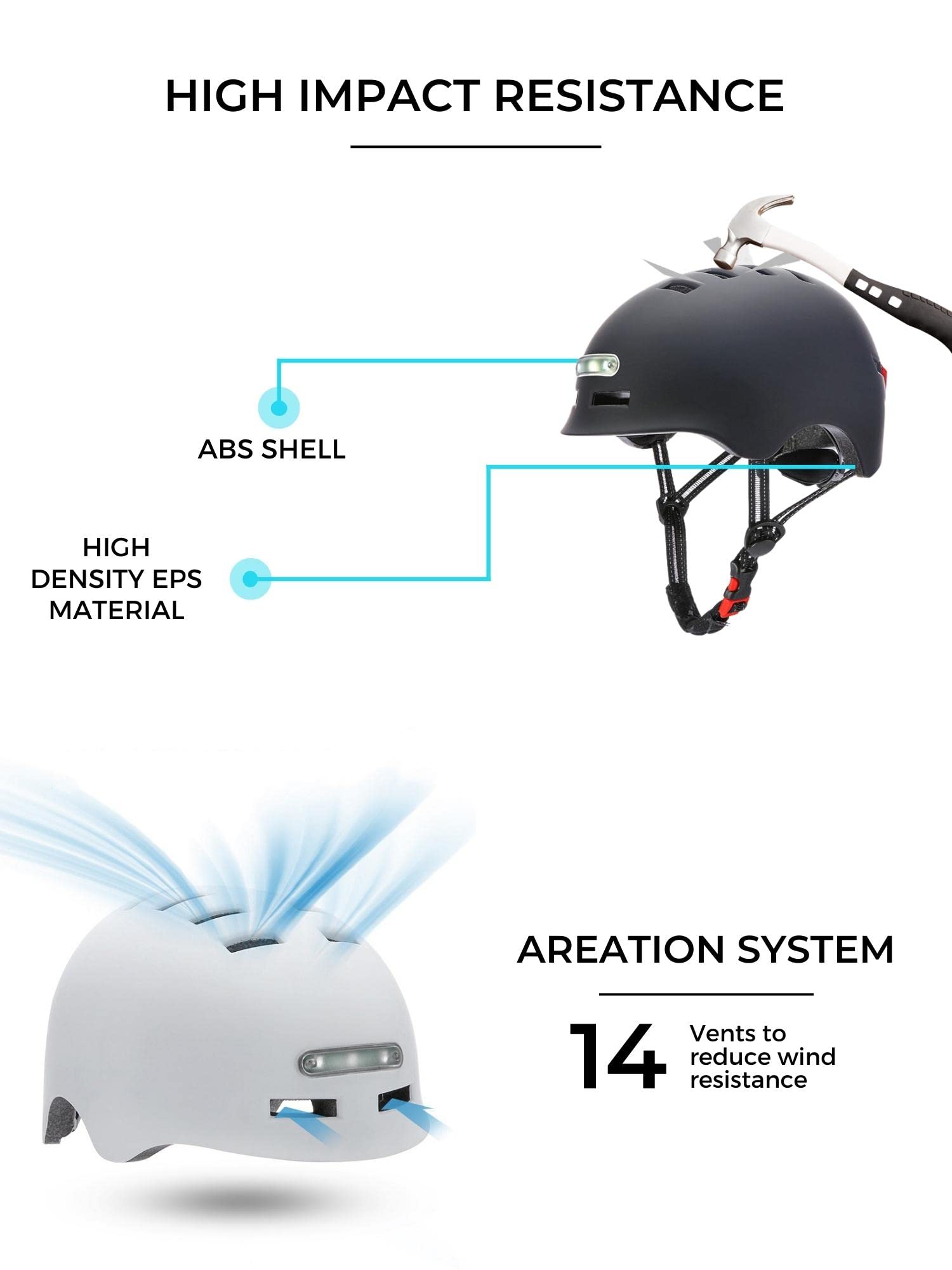 Casco Bici o Monopattino Elettrico con Spia Rossa + Luce Frontale Bianca. Casco Ciclismo Bicicletta, Skate, Leggero con Fodera Rimovibile, Guscio PC + EPS, 14 prese d'aria e Cavo di Ricarica USB.