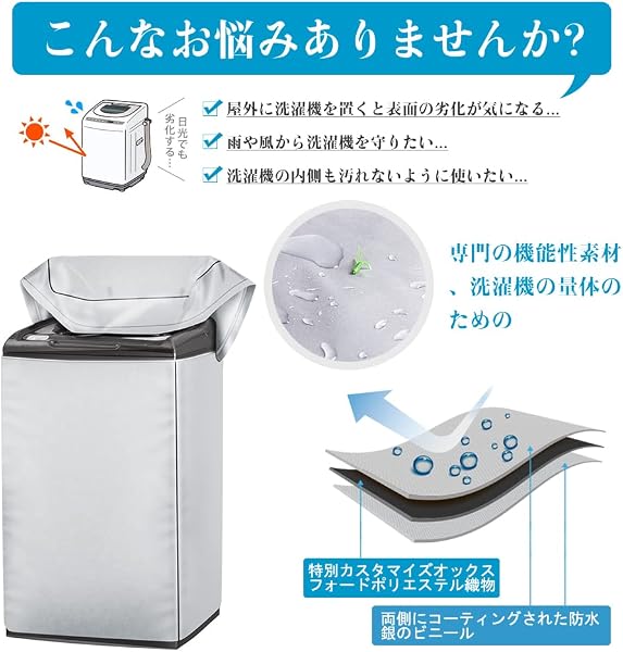 [Mr.You]洗濯機カバー 【デザイン改良】 屋外 防水 4面 ナイロンテープ ファスナー開閉式 老化防止 防塵 紫外線 厚手 (XL：62*64*98CM 10～12kg対応) - 4