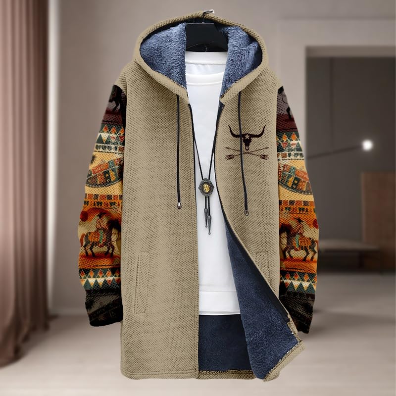 Men's Long Cardigan Hoodies Aztec Cowboys Hooded Jackets Zipper Western Fleece Winter Coats with Pockets - Image 2