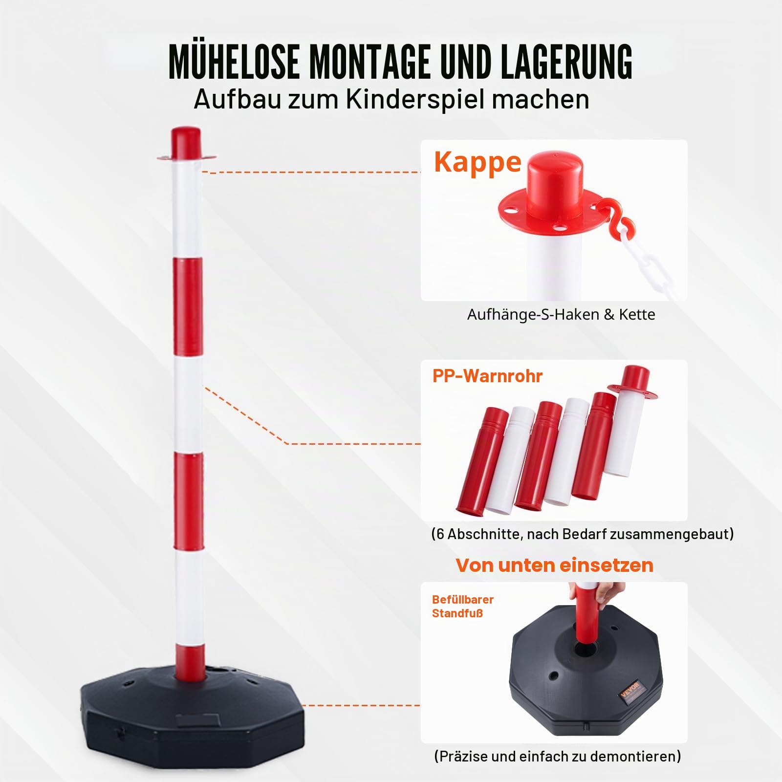 VEVOR Set von 4 Absperrpfosten und 1 Kunststoff-Kette von 10 m Rot und Weiß, Sperrpfosten, Poller Aus PE-Kunststoff für die Verkehrskontrolle oder Warnung an der Auffahrt, Garage, dem Tor usw. Rot