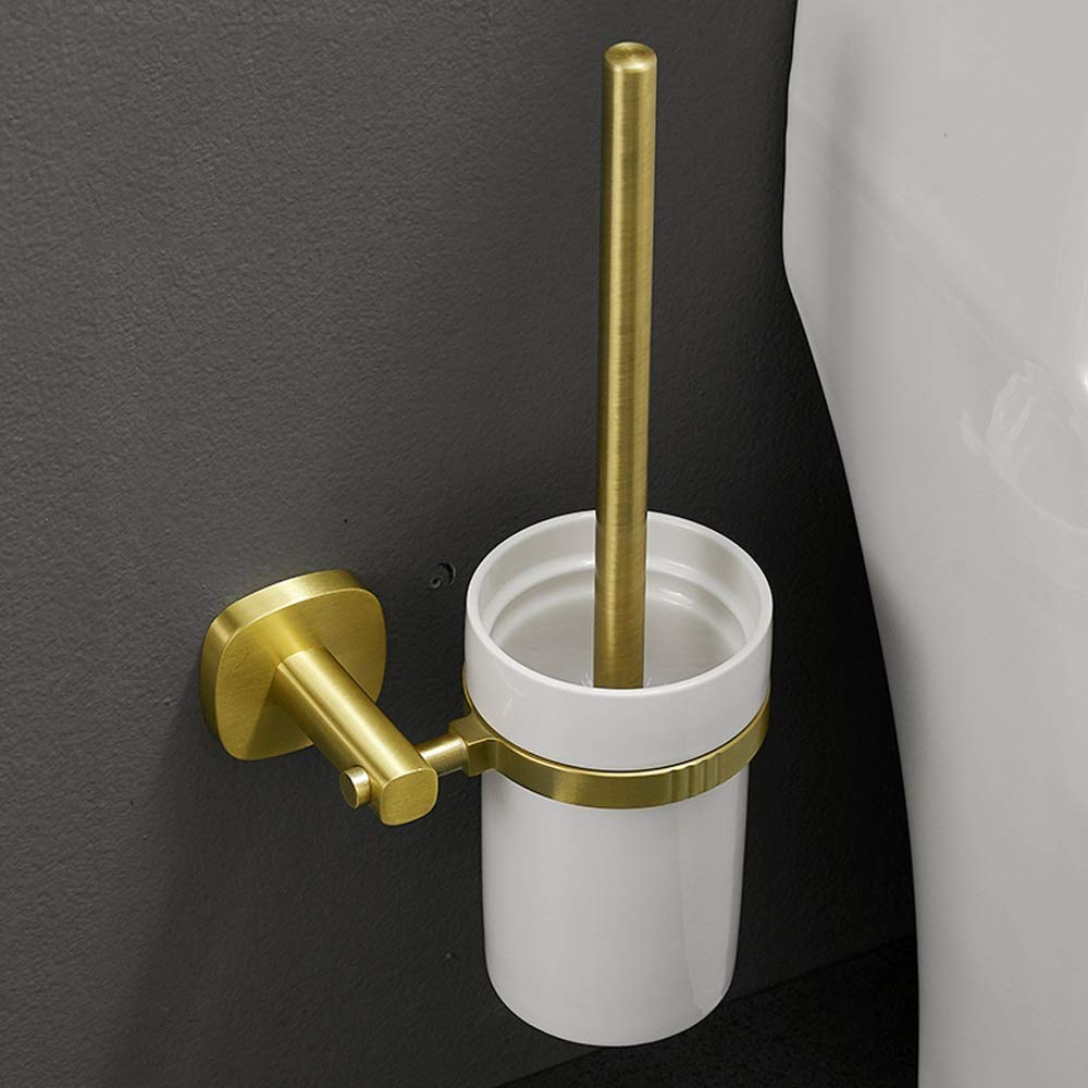 Nff Spazzola E Supporto per La Toilette, con Base A Muro A Muro Pennello per La Toletta Dorato, Manico Lungo con Setole Flessibili A 360 ° Spazzola da Toilette Flessibile 40 Cm