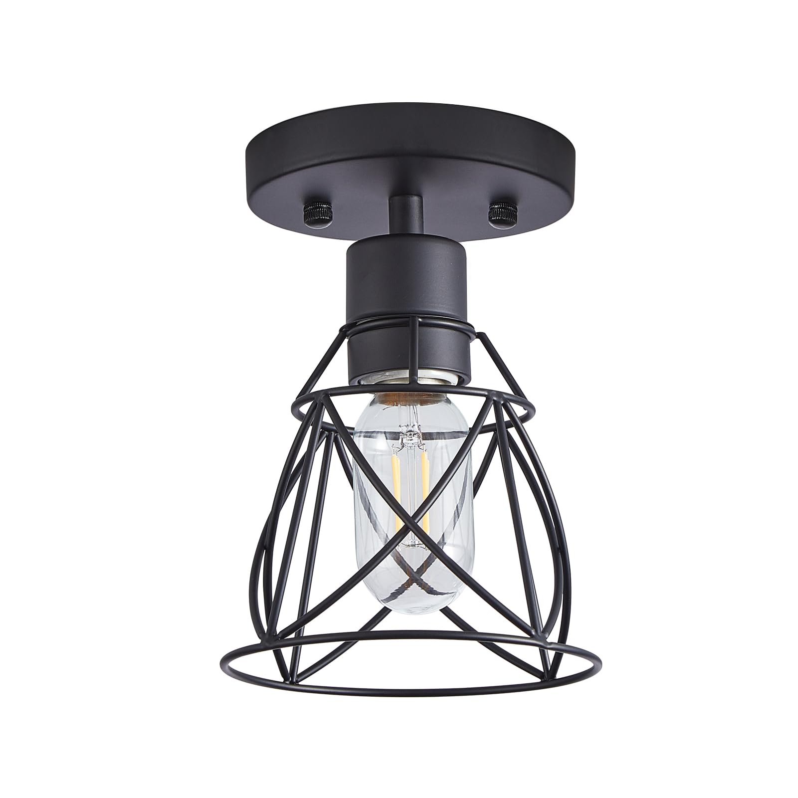 1-Light Farmhouse Semi Flush Mount Ceiling Light Samll Matte Black Industrial Kitchen Lighting Fixtures Ceiling with Metal Cage