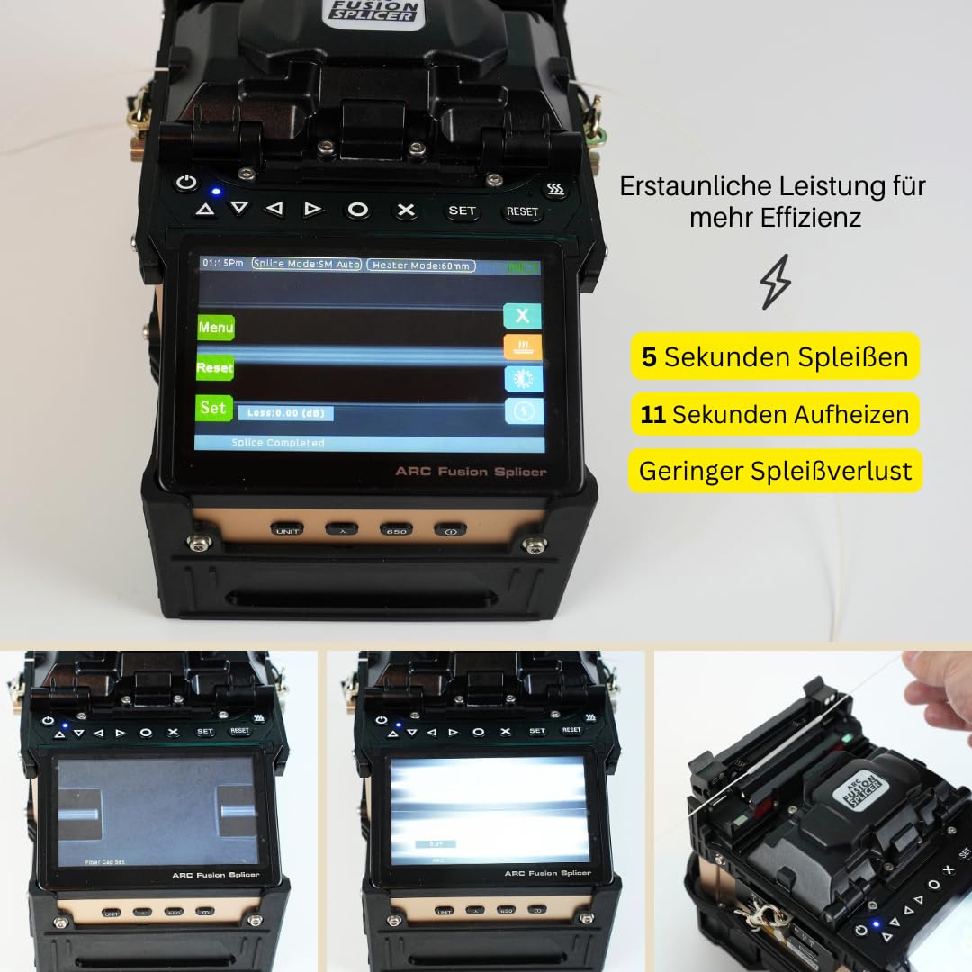SD-9 Glasfaser Spleißgerät mit OPM und VFL Erstaunlich 5-Sekunden-Spleißen und 11-Sekunden-Heizung, Fusion Splicer LWL Spleißgerät Kit Kernausrichtung 6 Motoren mit 7200-mAh-Akku