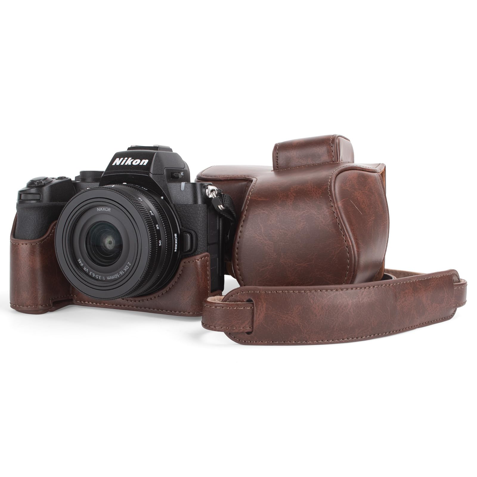 MUZIRI KINOKOO Etui do aparatu Nikon Z50 II z obiektywem DX 16-50 mm, etui ochronne ze skóry PU Z50 II/Z50II – zdejmowany futerał z paskiem na ramię i małymi pierścieniami, Kawa, Etui na aparat