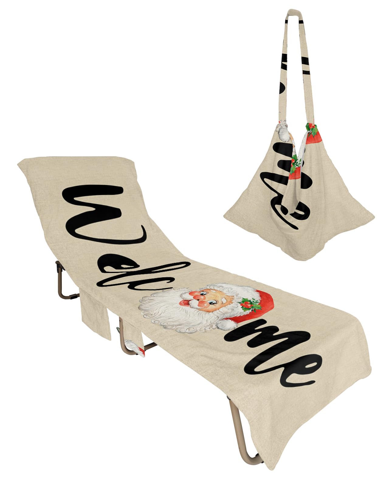 Santa, Beach Lounge Chair Towel Cover, Soft Chaise Lounge Towel with Side Pockets Patio Pool Chairs Cover for Beach/Pool Sunbathing 29x85 Merry Christmas Winter Berry Farmhouse Beige