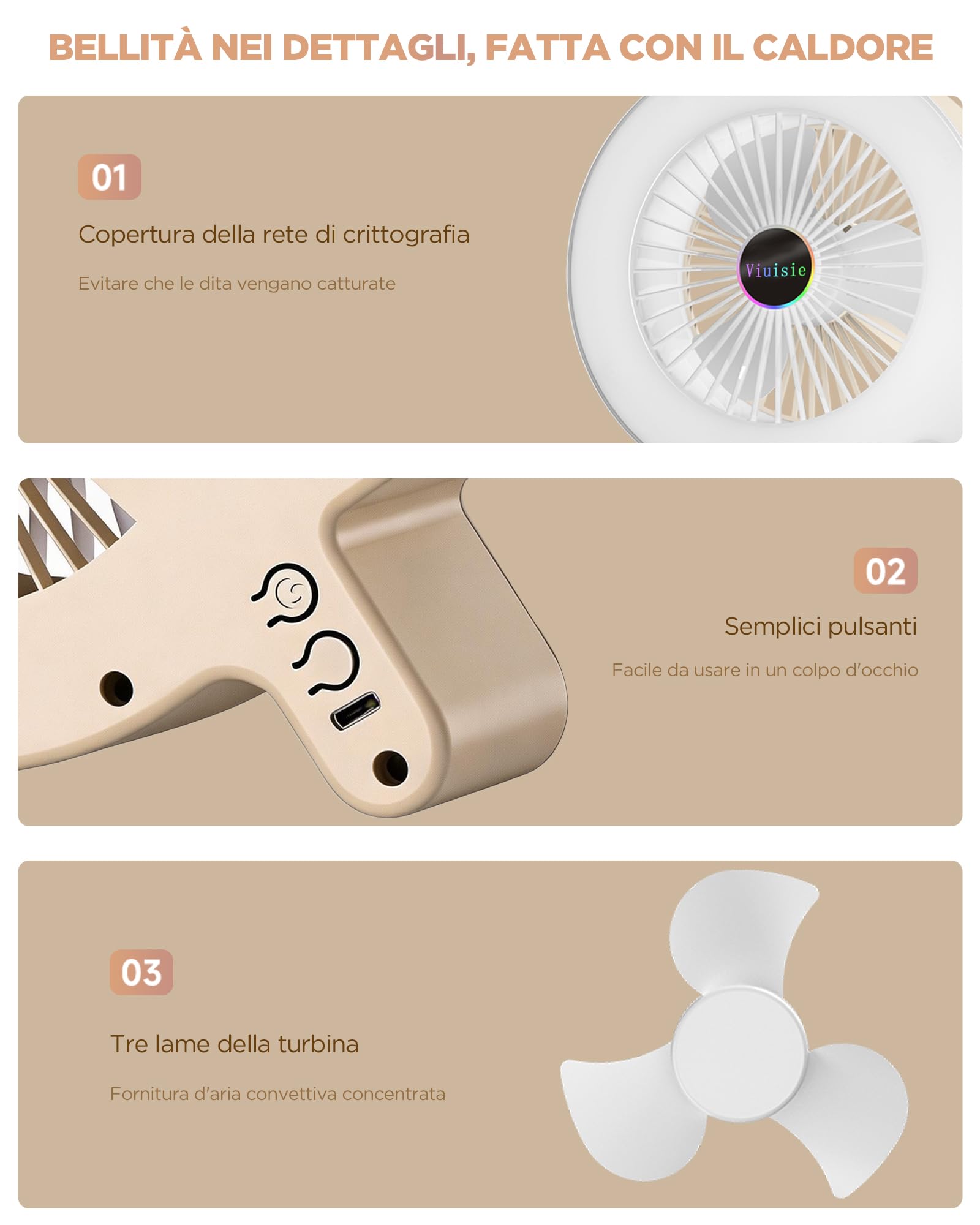 Ventilatore Da Tavolo 2-in-1 Con Luce Rgb E Batteria Ricaricabile Da 2000mAh, USB-C, 3 Velocità Del Vento E 5 Modalità Di Illuminazione, Portatile Per Casa, Ufficio, Campeggio E Camper (Crema Bianca)