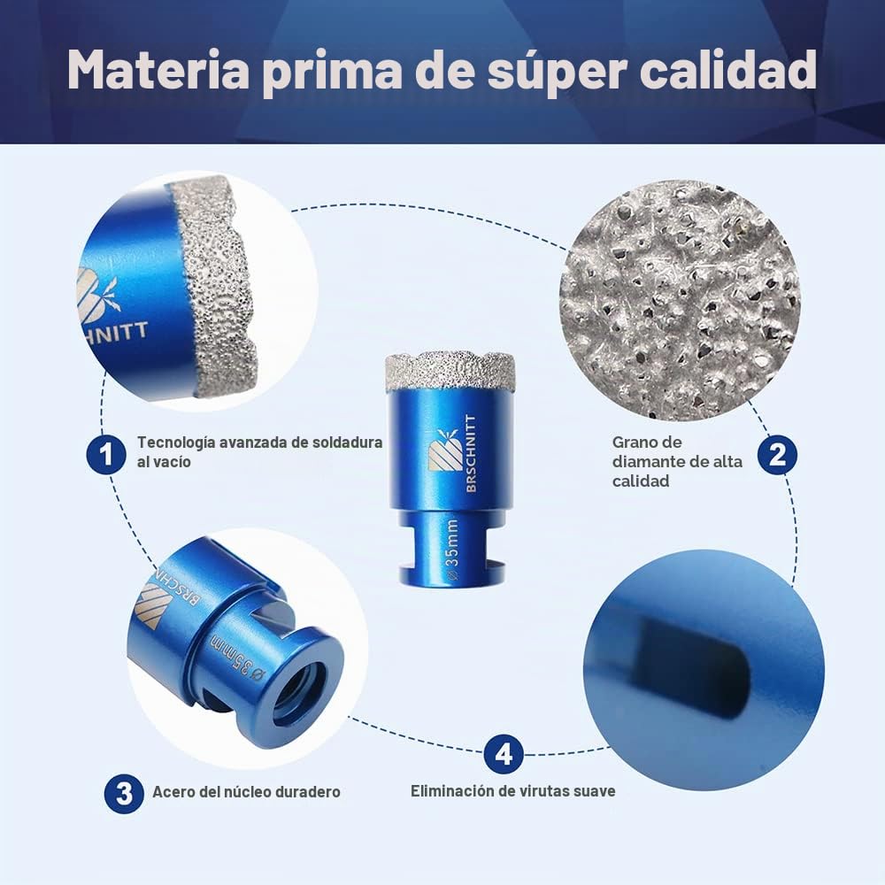 Broca de Diamante 4 Piezas/Set 20/25/35/50mm para Perforación en Seco Porcelana Azulejo Granito Mármol M14