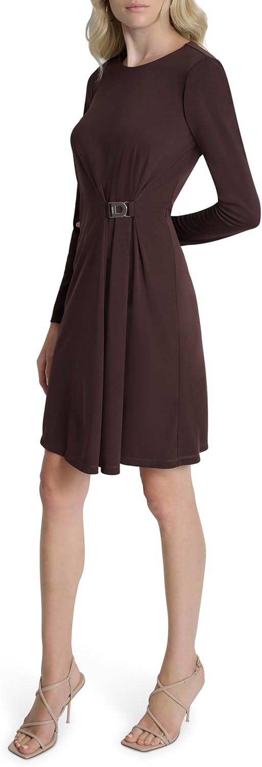 DKNY Women's Long Sleeve Jewel Neck Knee Length Logo D Hardware Midi Dress - Image 3
