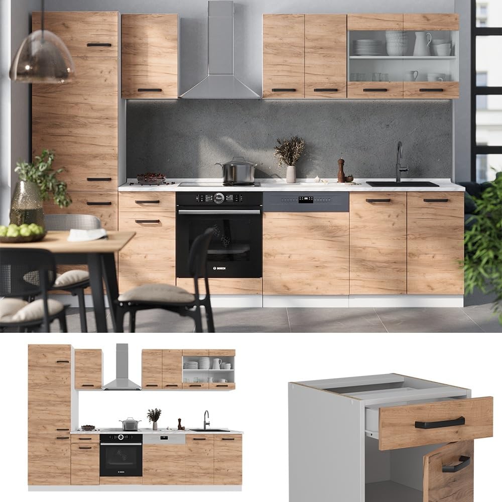 Vicco Küchenzeile R-Line, Goldkraft Eiche/Weiß, 300 cm | AP Eiche, zur individuellen Anordnung und Erweiterung der Module geeignet
