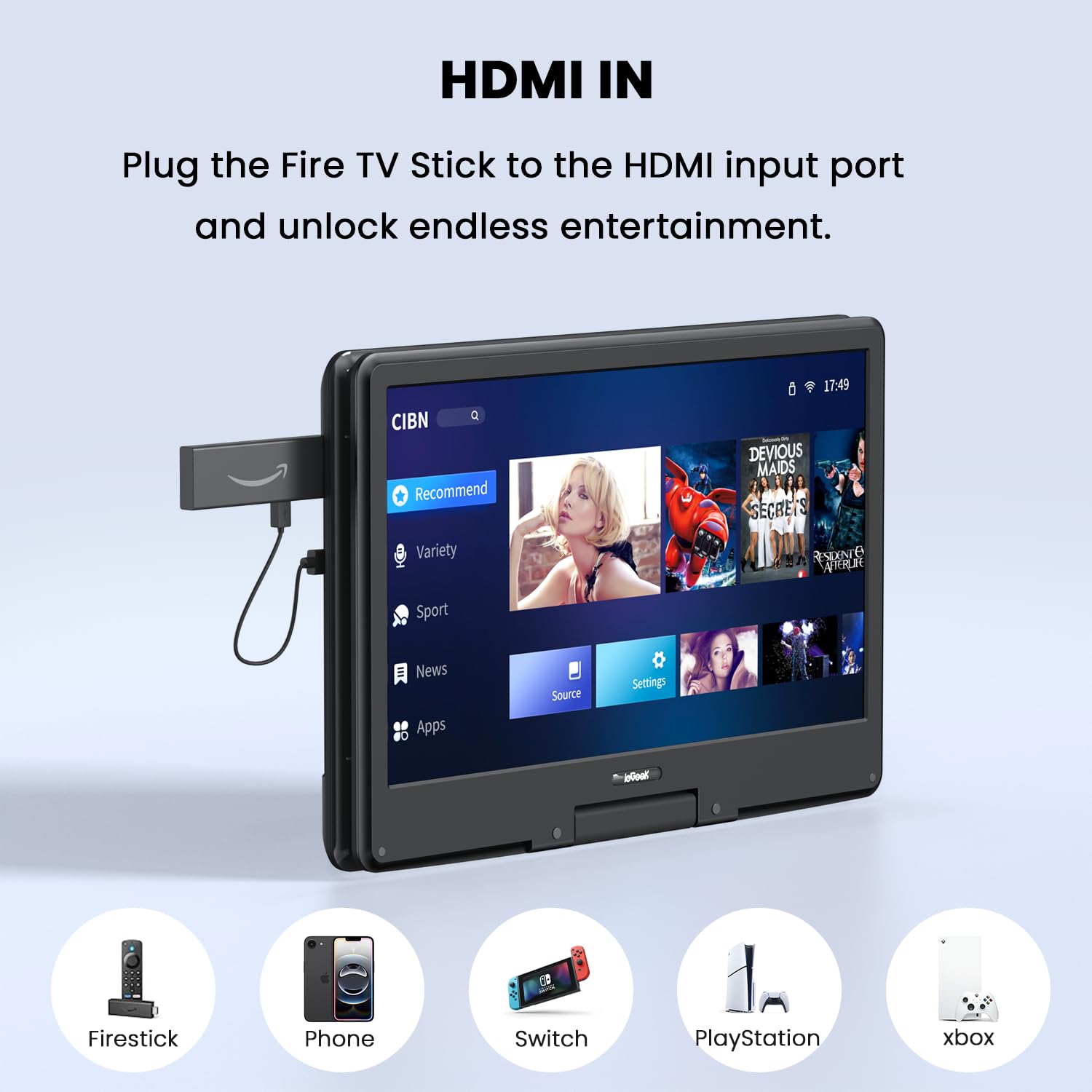 ieGeek Lecteur DVD portable de 16" avec écran pivotant de 14,1", entrée HDMI, batterie rechargeable de 6 heures, lecture USB/SD, cadeau idéal pour les personnes âgées, les enfants et les voyages, noir